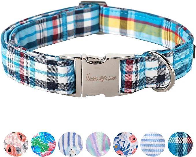 Original Unique Style Paws Metal Buckle Blue Plaid Collar High-End