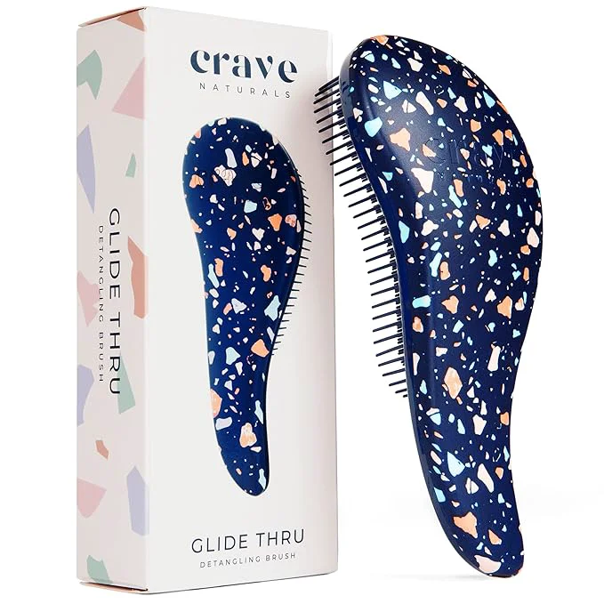 Eco-Friendly Crave Naturals Glide Thru Hair Brush - Detangler Brush for Curly Straight Wet or Dry Hair - Gentle Detangling Brushes for Adults Kids Toddlers - Hair Accessories for Women 7.5 x3 - Terazzo Verified