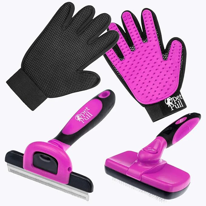 Refined Complete Professional Pet Grooming Kit With Hair Removal Tool Gloves Self Cleaning Slicker Brush and Pro Dog Deshedder Comb to Reduce Shedding Pink Modern
