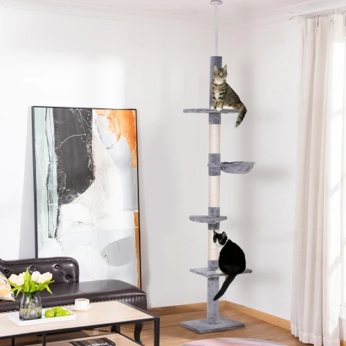 Genuine PawHut 9' Adjustable Height Floor-To-Ceiling Vertical Cat Tree - Grey And White Outstanding