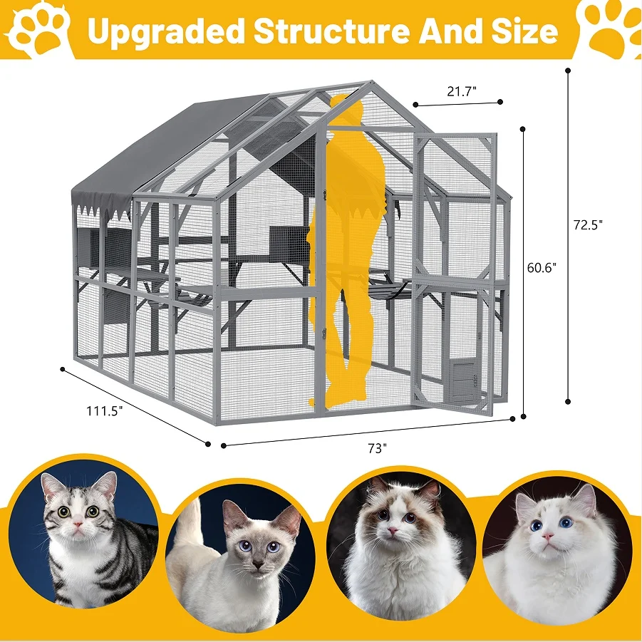 Lightweight Outdoor Cat House Cat Fence Upgraded Waterproof Cover - Gray Durable