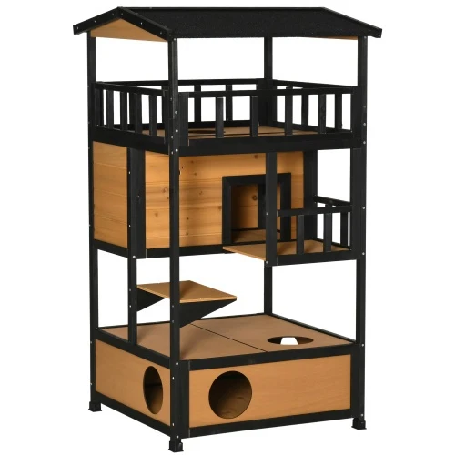 Functional Wooden Outdoor Cat House Wild Cat Shelter Kitten Tree Fine Crafted
