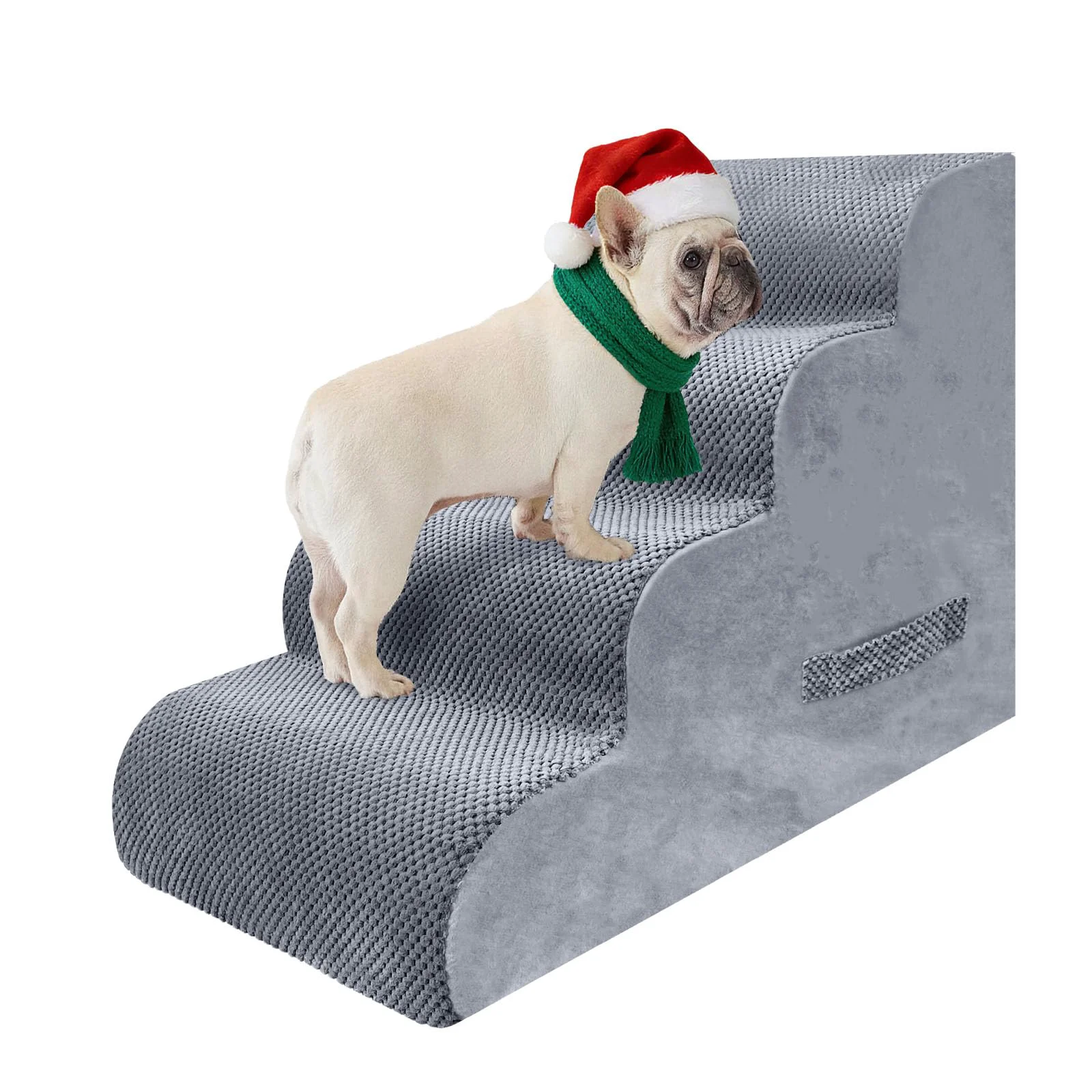 Traditional PAWSCRAT 4-Step Dog Stairs for Small Dogs Cats – 19.6in High Bed Steps Non-Slip Washable Cover Light Grey Relaxed
