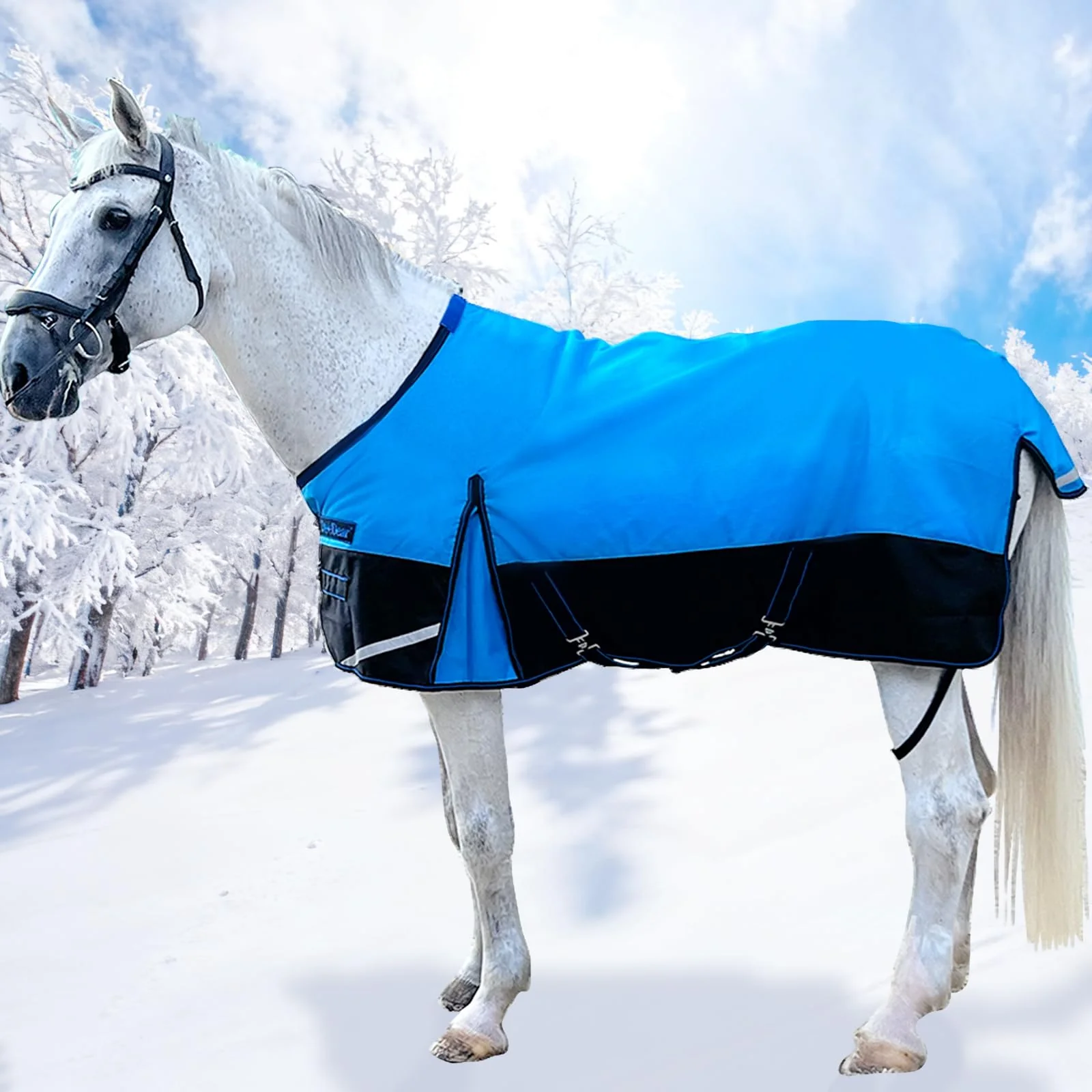 Artisan SteeDear 81-Inch Winter Horse Blanket 1200D Waterproof Turnout with 300g Fill Reflective Strips – Bright Blue Black Versatile