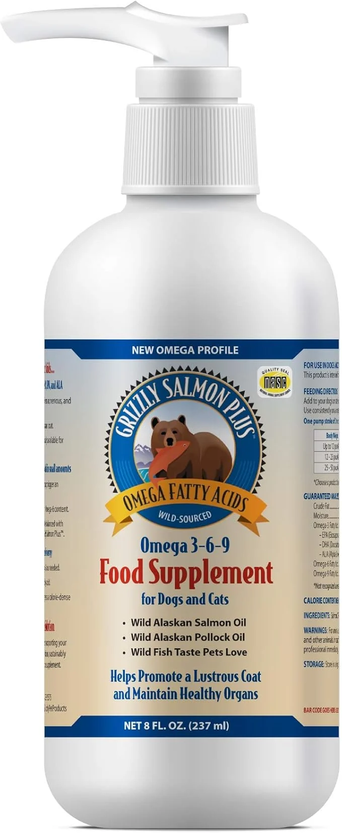 Next-Generation Grizzly Pet Products Salmon Plus Omega 3-6-9 Food Supplement for Dogs and Cats 8 OunceAbout This Clean