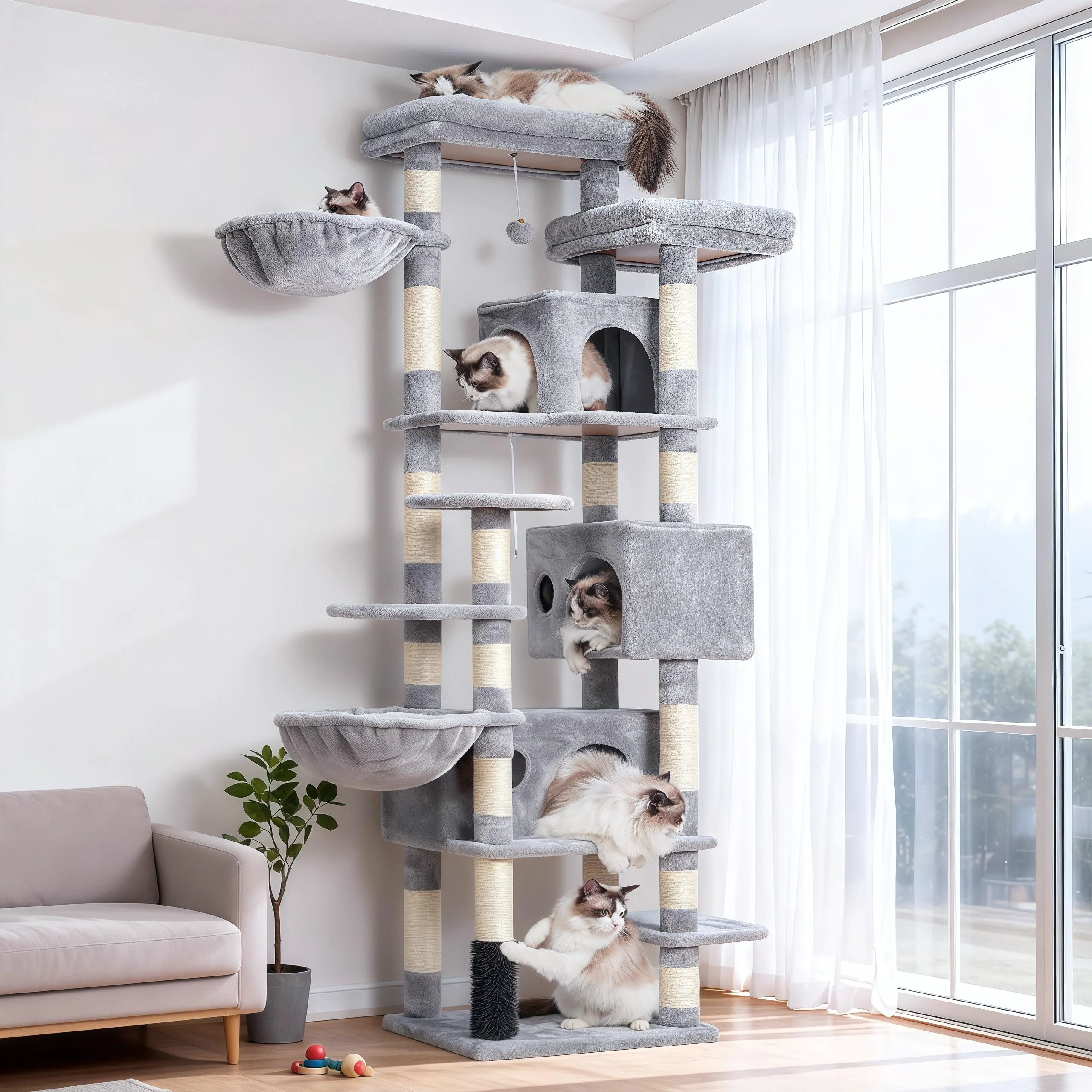 Casual Hey-brother Cat Tree MPJ035-MW — 74-Inch XL Multi-Level Cat Tower with 3 Condos 2 Top Decks Minimalist