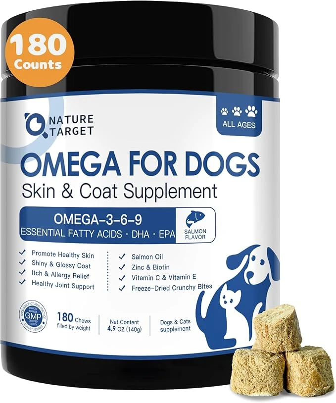 Premium Material NATURE TARGET Omega 3 Fish Oil for Dogs Salmon Oil for Dogs Skin and Coat with EPA DHA Fatty Acids Dog Itchy Skin Relief Hot Spot Treatment Reduce Shedding Support Hip Joint Health - 180 ctAbout This Reliable