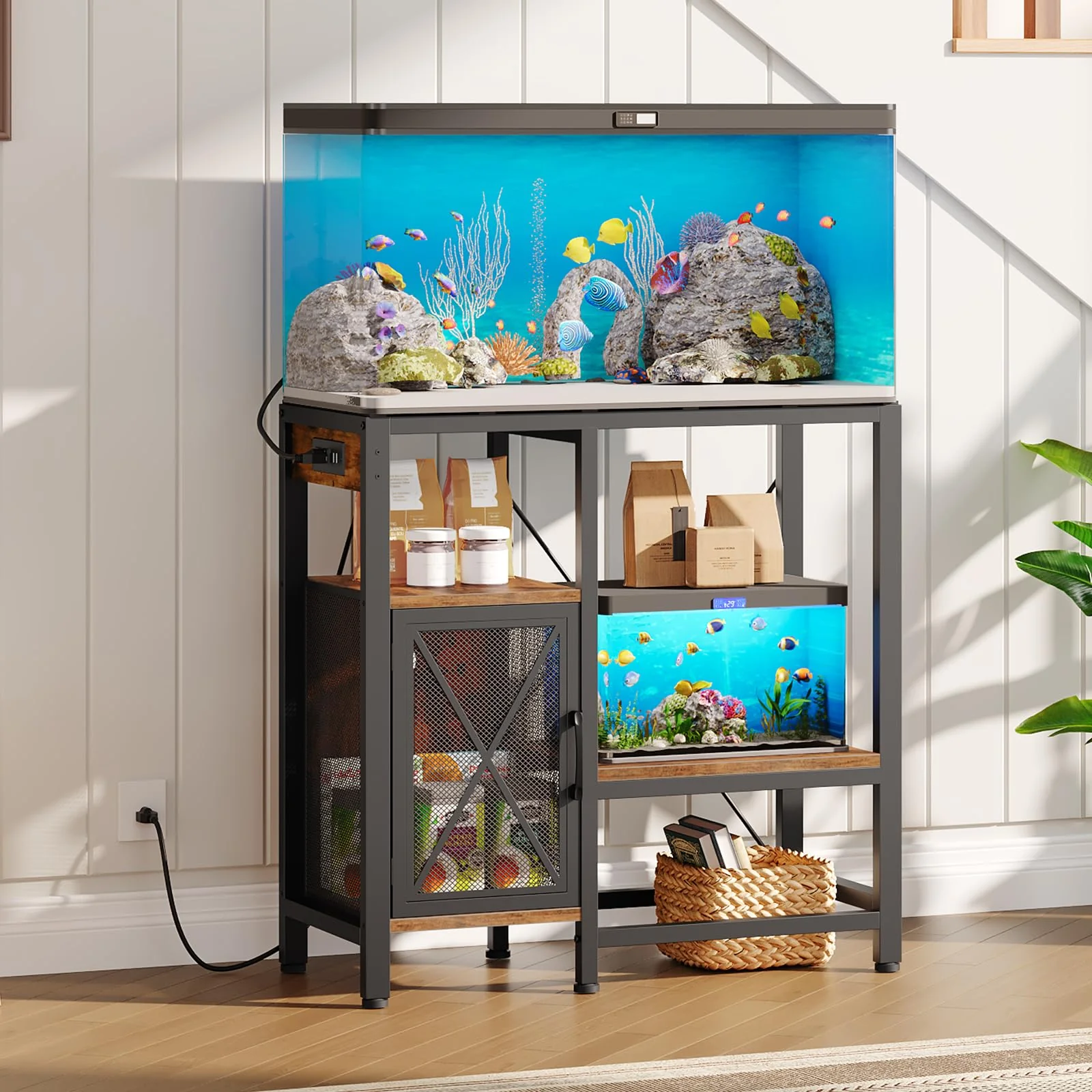Stylish MAHANCRIS 20-37 Gallon Aquarium Stand with Power Outlets and Storage Rustic Brown FTHR40E01 Versatile