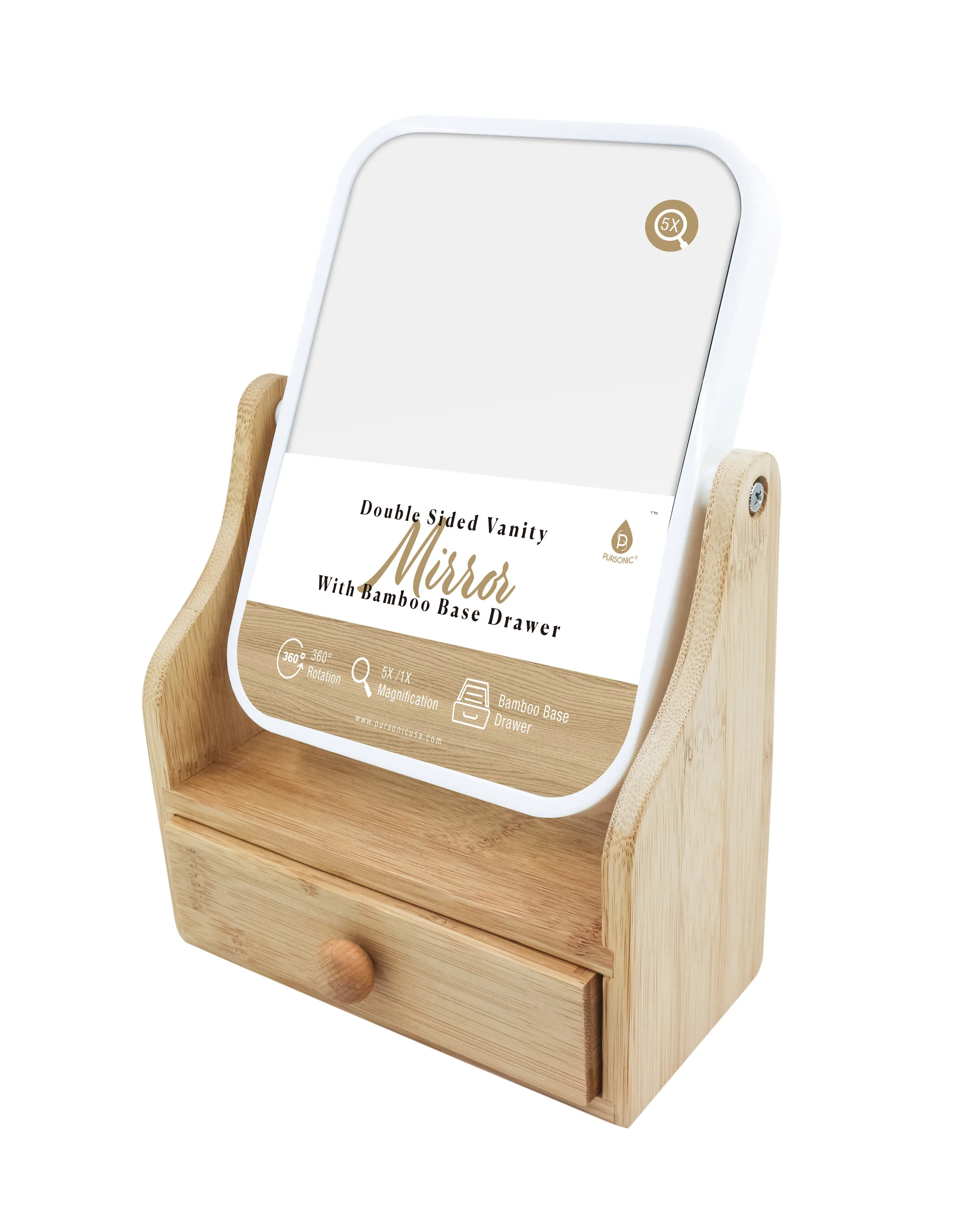 Green Dual-Sided Vanity Mirror with Bamboo Drawer Base Sustainable