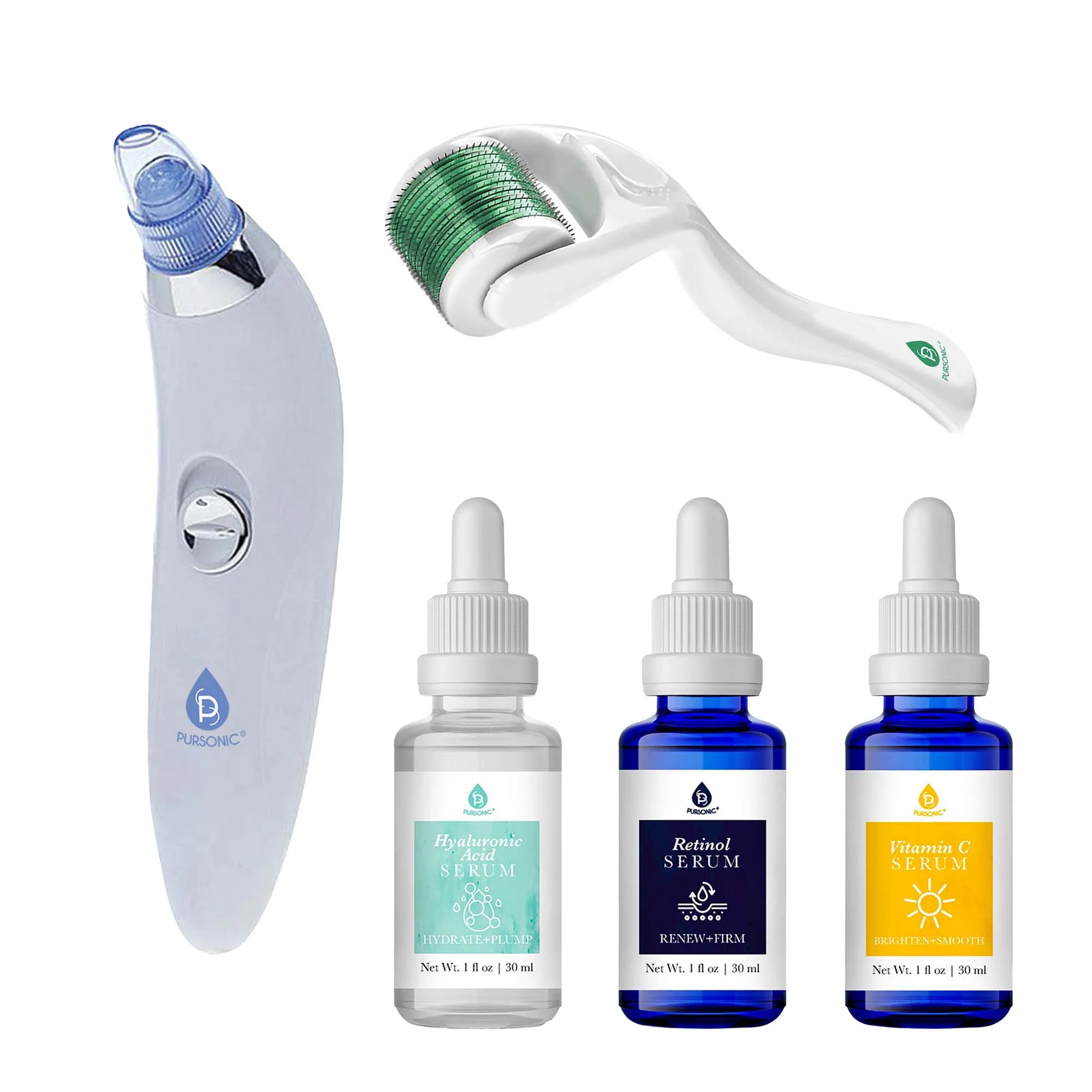 Excellent Pursonic Rejuvenation Bundle Micro Needle Derma Roller Pore Vacuum Blackhead Remover 3-Pack Anti-Aging Serum Set Responsible