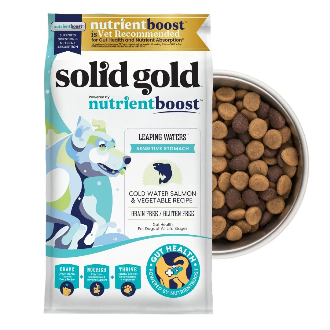 Breathable Solid Gold Salmon Dog Food for Sensitive Stomachs – Grain Gluten Kibble with Probiotics – Nutrientboost™ – 22 lb Natural