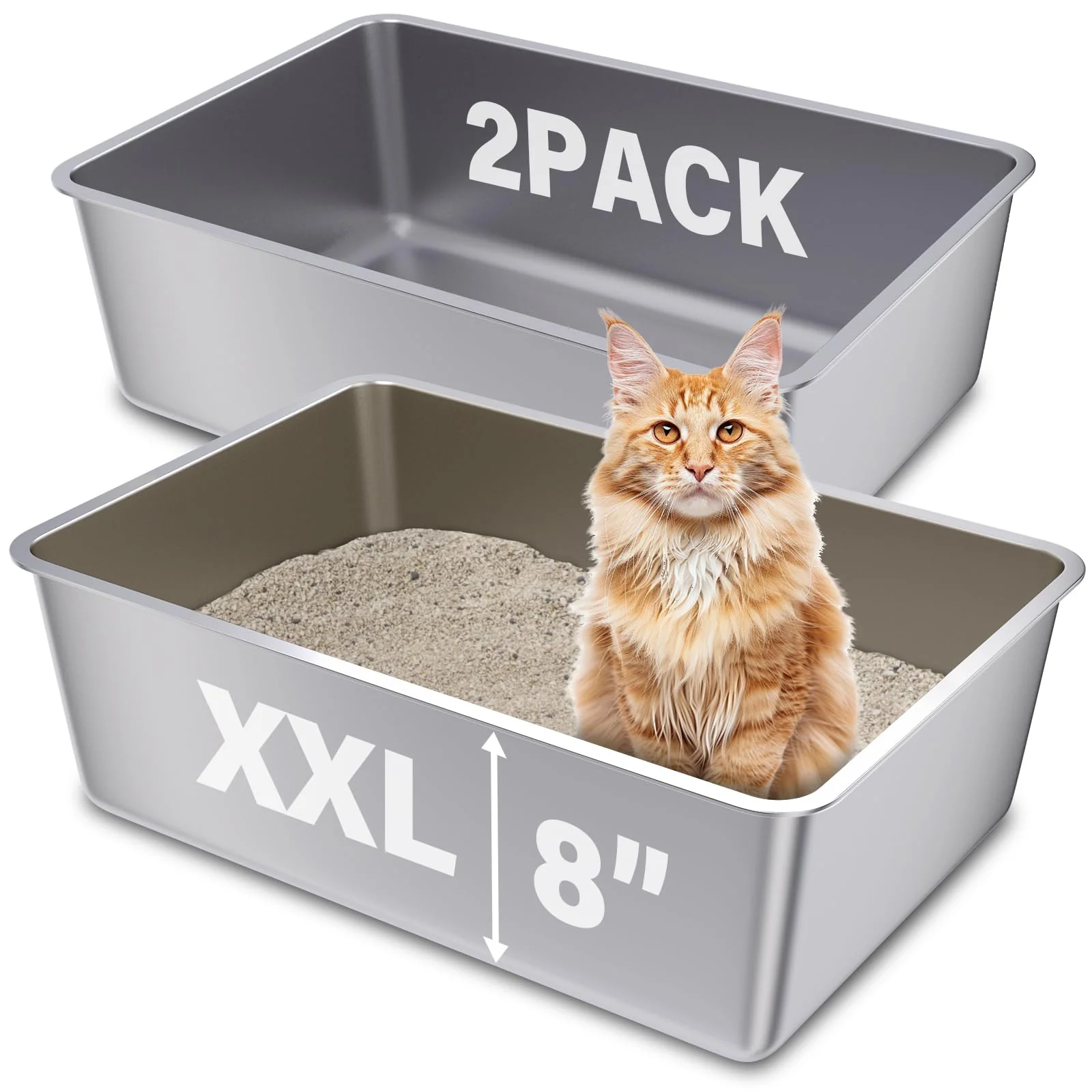 Comfortable FUTAM 2-Pack XXL Stainless Steel Cat Litter Box – 23.6 x 15.8 x 8 in Non-Stick High Sides Optimized