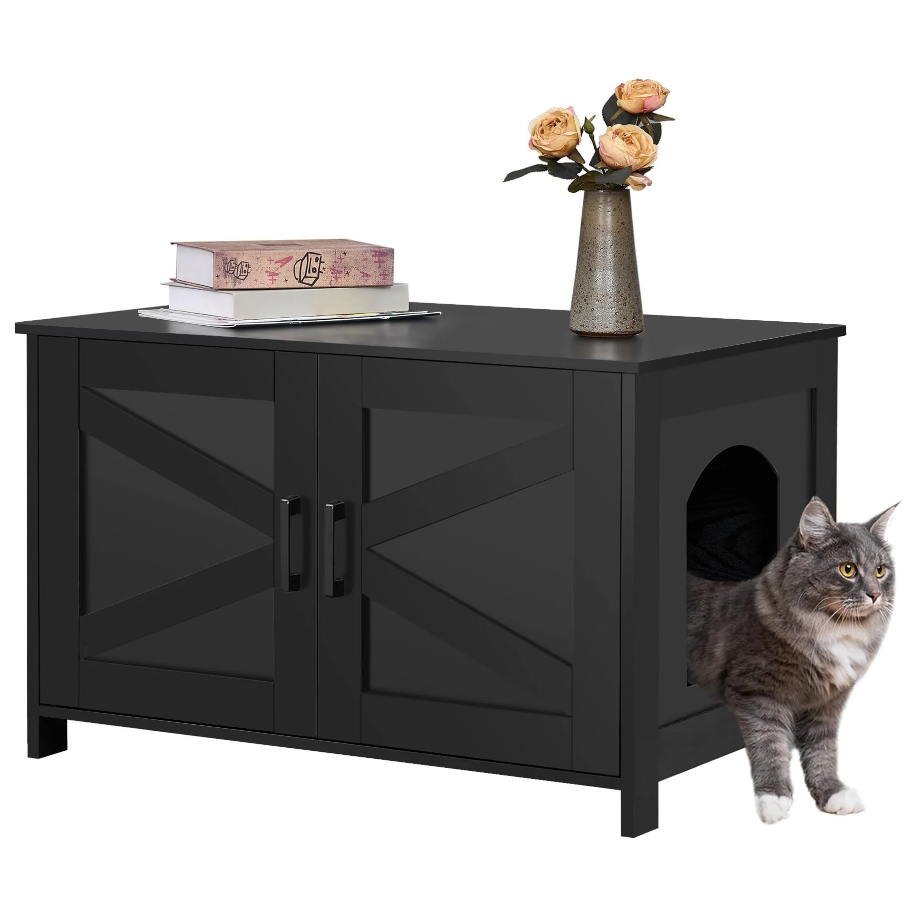 Classic Homhedy Cat Litter Box Enclosure — Wooden Barn Door Cat Washroom Furniture Fits Most Litter Boxes Relaxed