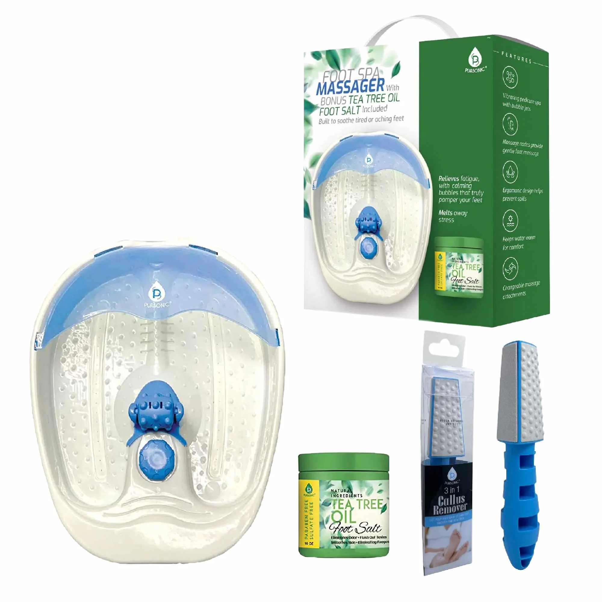 Selected Pursonic Soothing Foot Spa Massager with Tea Tree Salt Scrub Callus Remover. User-Friendly