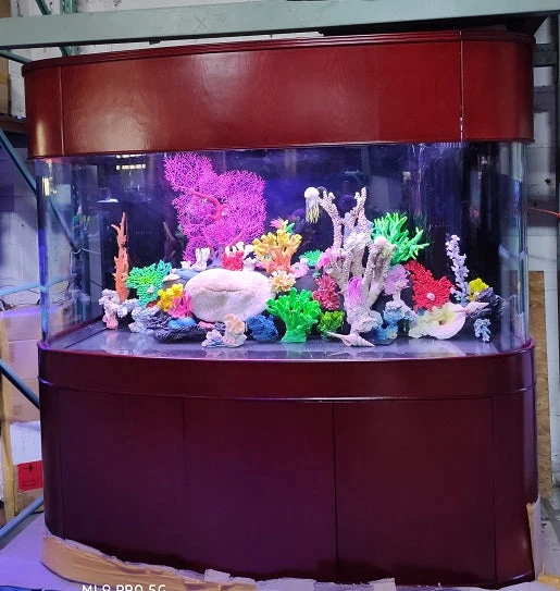 Fashionable 380 Gallon Seamless Glass Bowfront Reef-Ready Aquarium in Rose Cherry Wood Furniture Contemporary