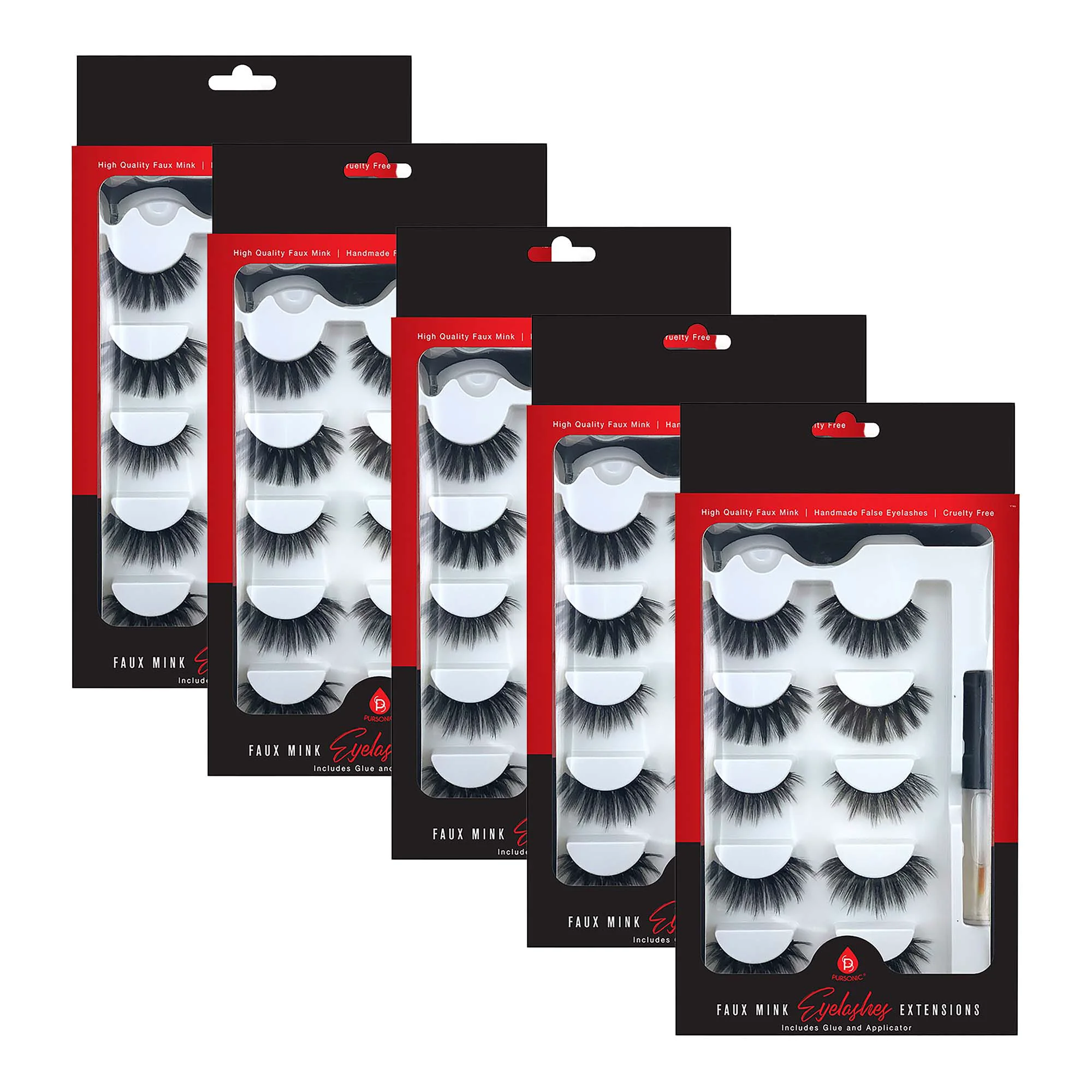 Long-Lasting Pursonic 5-Pack Faux Mink Style False Eyelashes Bundle – 25 Pairs with Glue Applicator Official