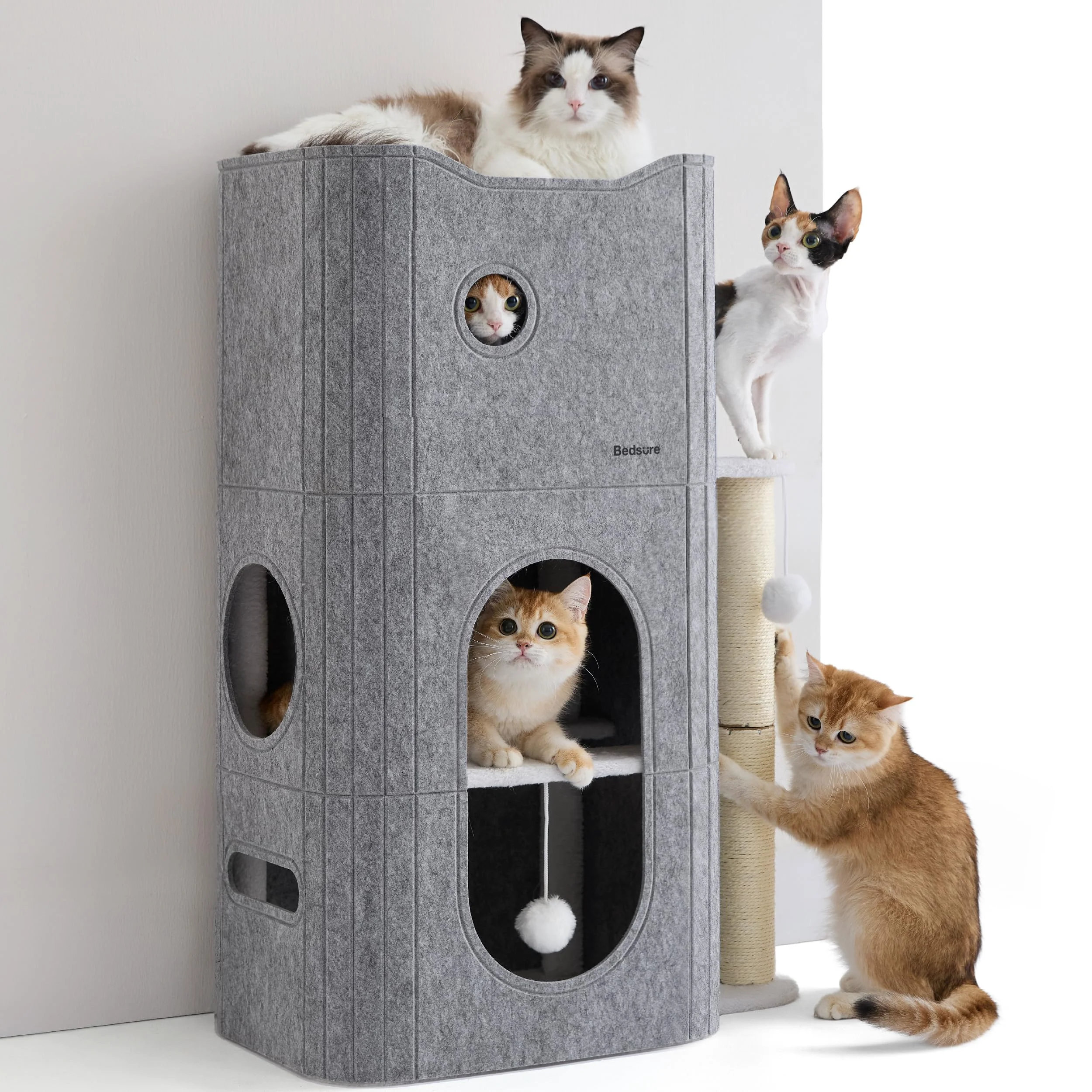 Effective Bedsure 3-Level Indoor Cat Bed - Multi-Cat Cat Tree with Hideaway Scratching Post and Fluffy Ball Grey Unique