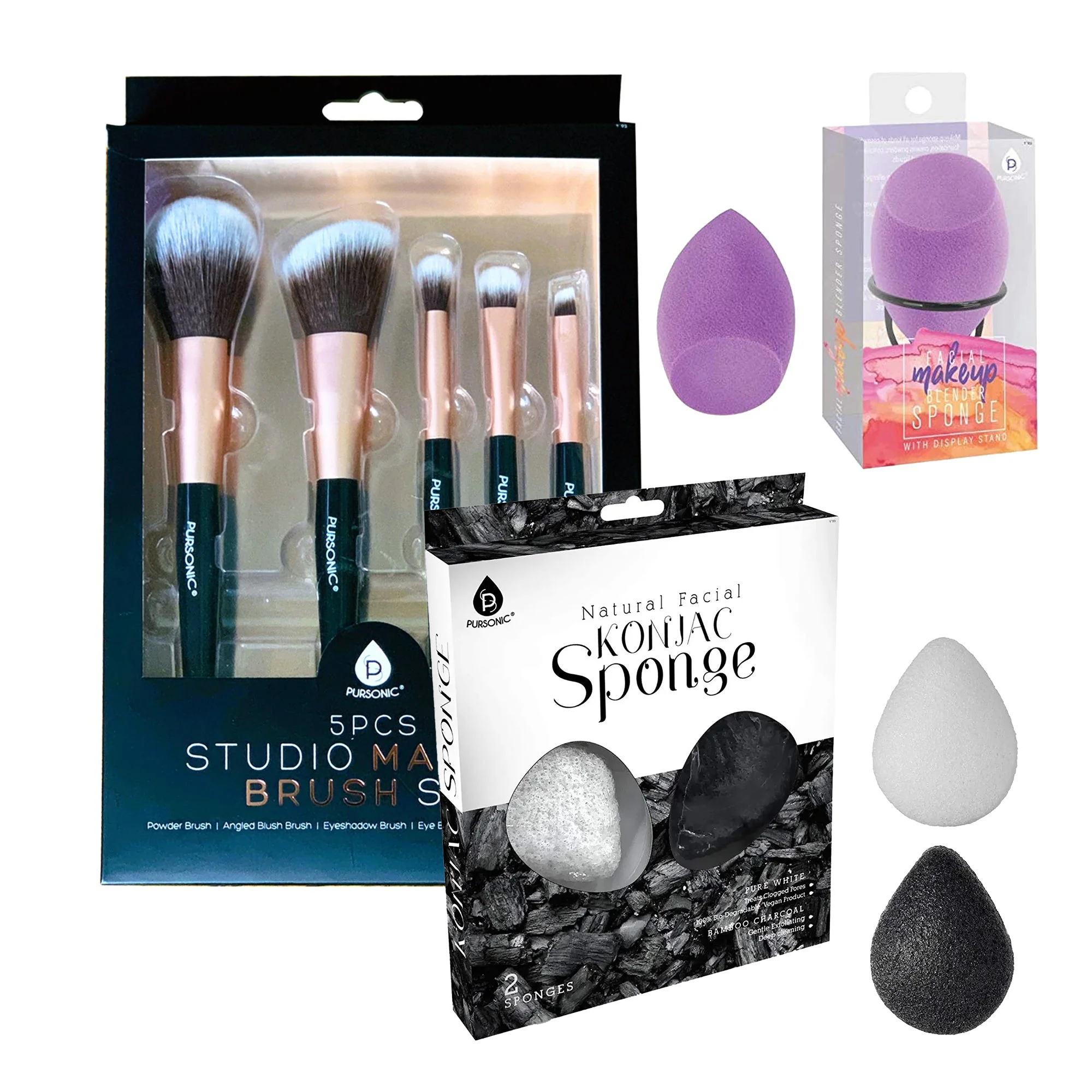 Professional Beauty Essentials Bundle Facial Makeup Blender Sponge Natural Facial Konjac Sponge Duo Set 3 pack 5 Pcs Studio Makeup Brush Set Black Relaxed