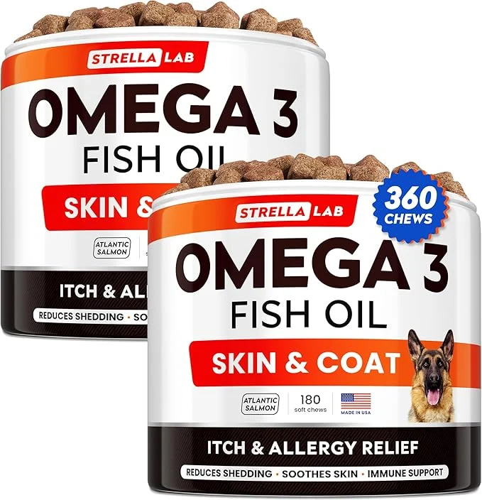 Sophisticated STRELLALAB Fish Oil Omega 3 6 9 Chews for Dogs - Allergy and Itch Relief - Flea and Tick Chews for Dogs - Skin and Coat Supplement - Shedding Itchy Skin Relief - 180 Promo Jar - Chicken LiverAbout This Luxury