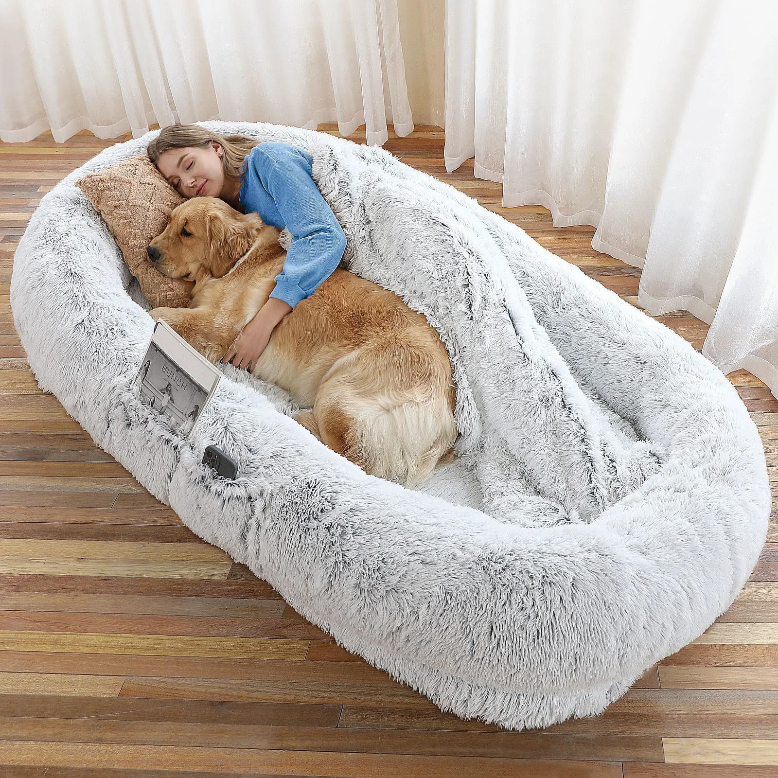 Artisan WROS Human Dog Bed — 71x45x12 in Washable Faux Fur Orthopedic Comfort Plush Pillow Blanket Grey Secure