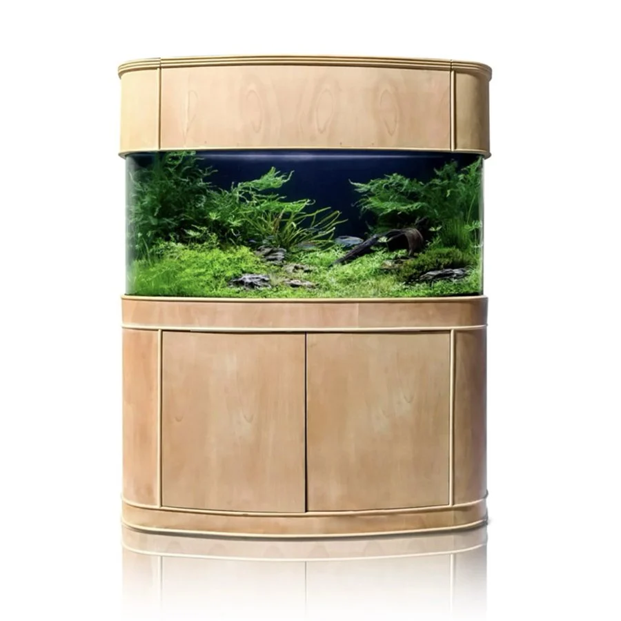 Classic 130g Seamless Glass Bowfront Reef-Ready Aquarium Set in Unstained Wood Furniture Organic