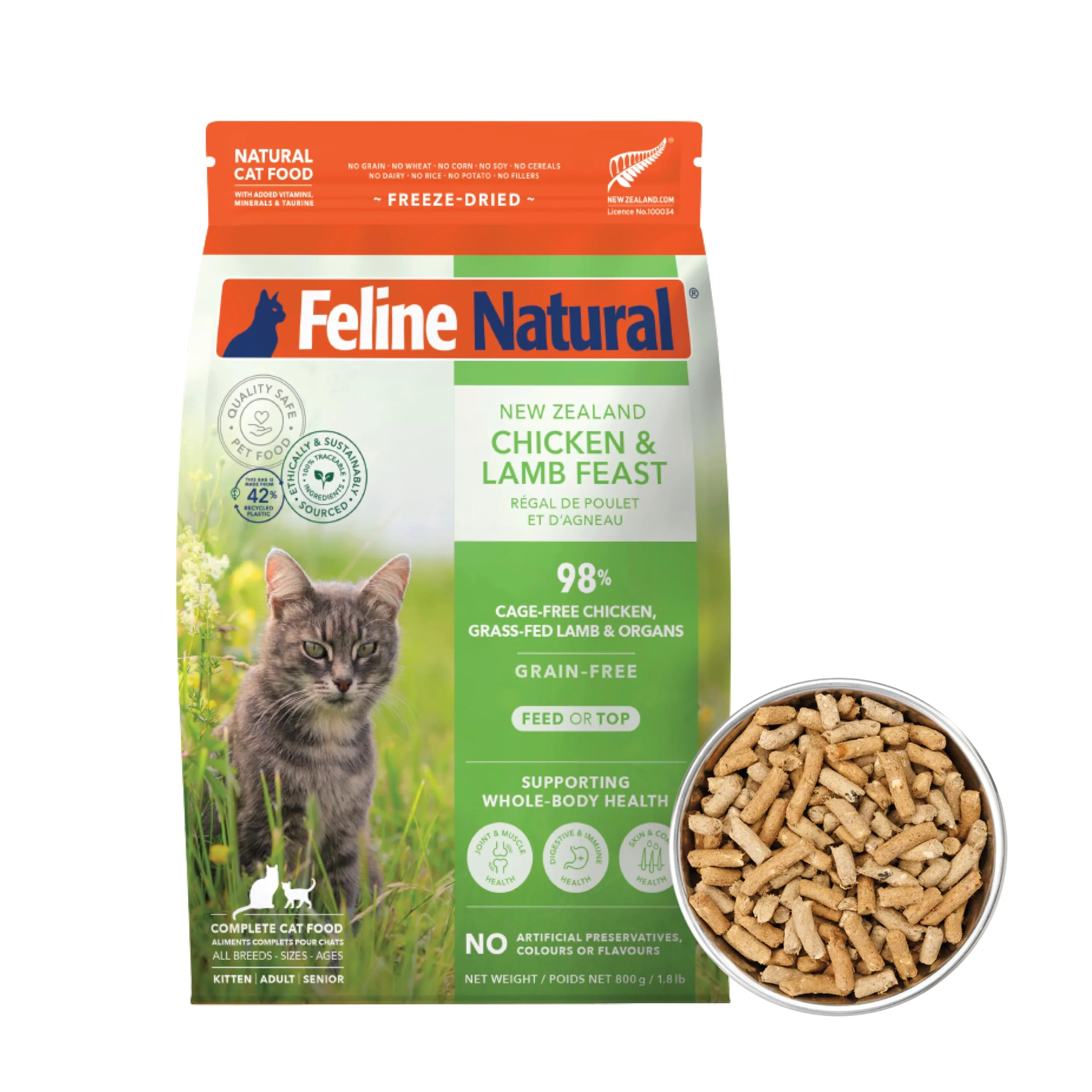 High-Performance Feline Natural High Protein ze-Dried Cat Food — 98 Meat NZ-made Chicken Lamb 1.8lb Convenient