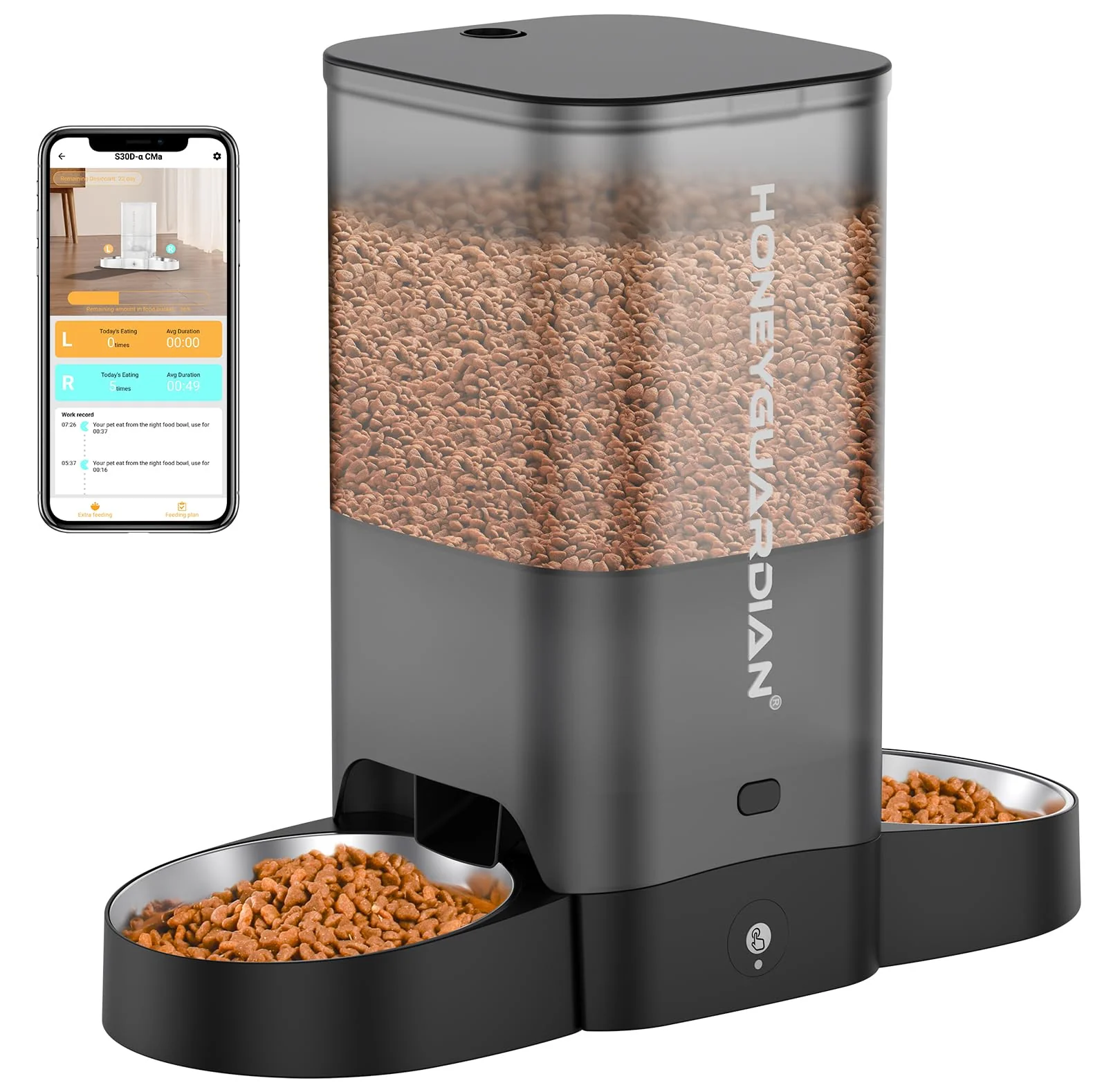 Refined HoneyGuaridan 5L Automatic Cat Feeder for Two Cats – WiFi Smart Feeder with Stainless Steel Bowl Dual Power App Control Exceptional