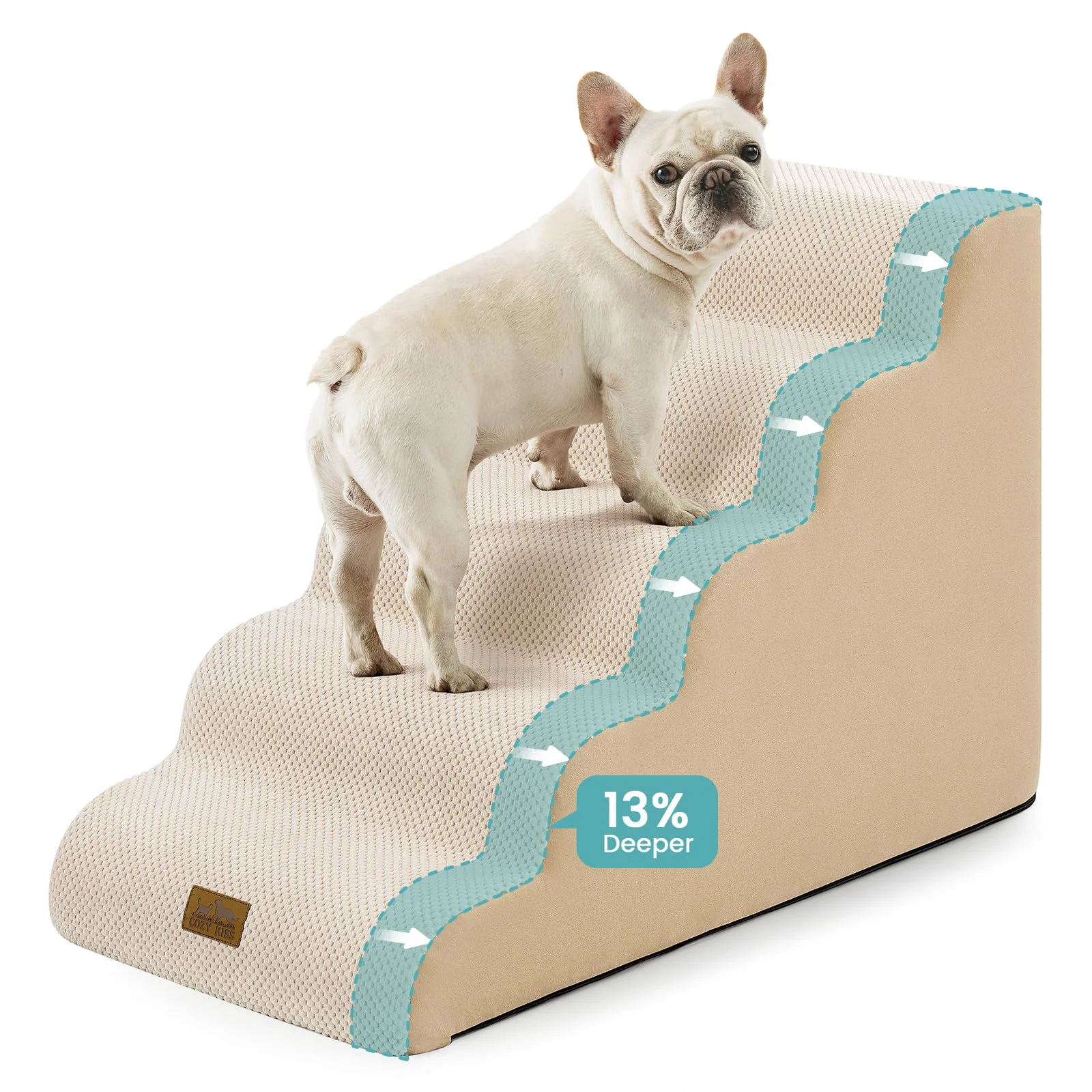 User-Friendly COZY KISS Wide Dog Stairs — 5-Step Curved Ramp for Bed or Car 22.6 H Beige Comfortable