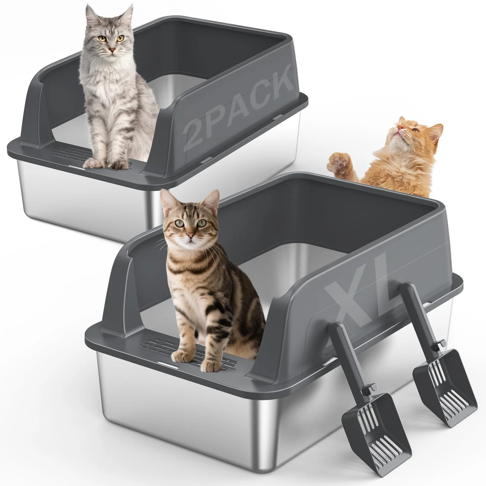 Superior MIXJOY 2PACK Stainless Steel Litter Box – Extra Large XL Cat Litter Boxes with Lid High Sides Non-Stick Scoop Included Detailed