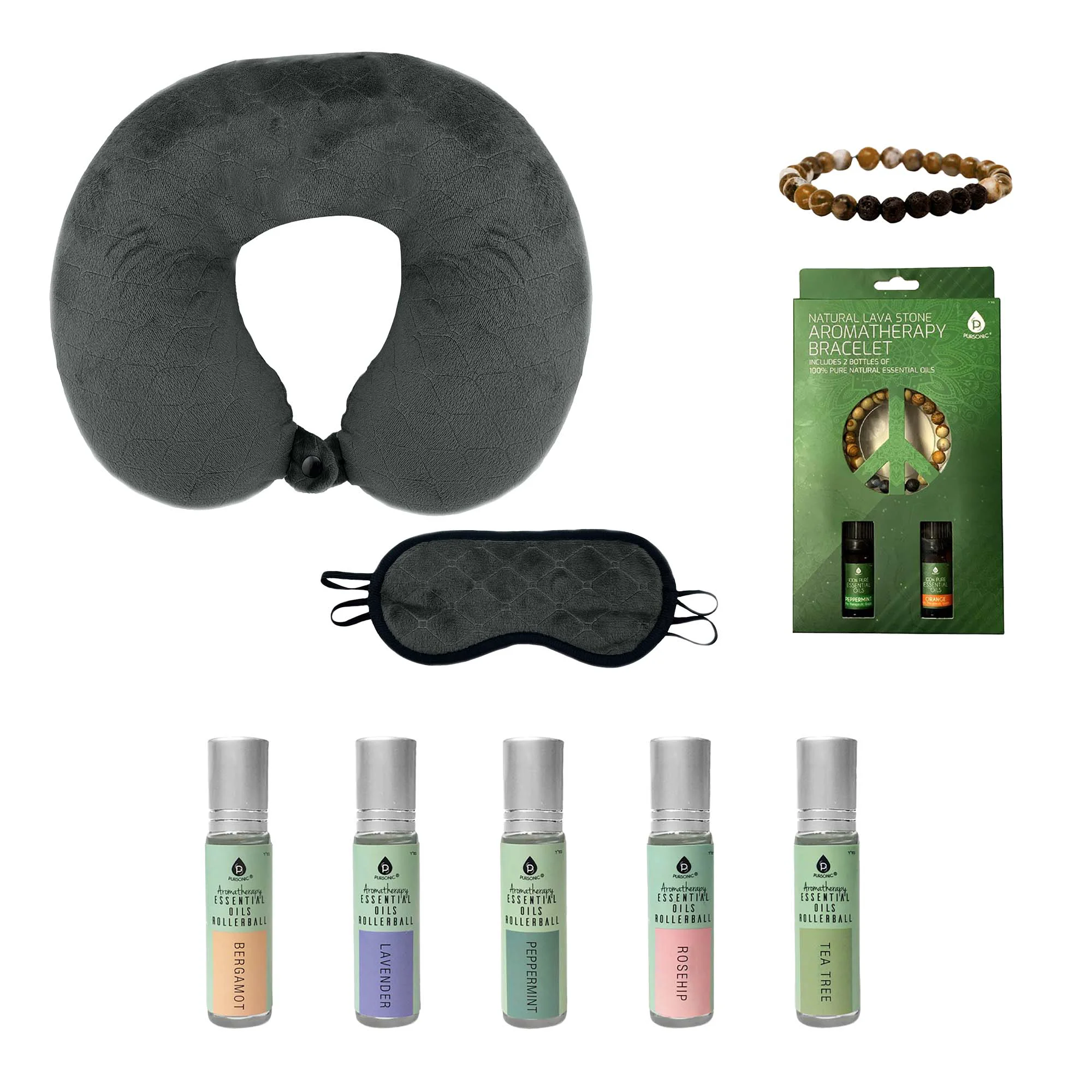 Dependable Sleep Serenity Set Pursonic Aromatherapy Essential Oils Rollerballs Lava Stone Bracelet and Memory Foam Travel Pillow with Sleep Mask Solid