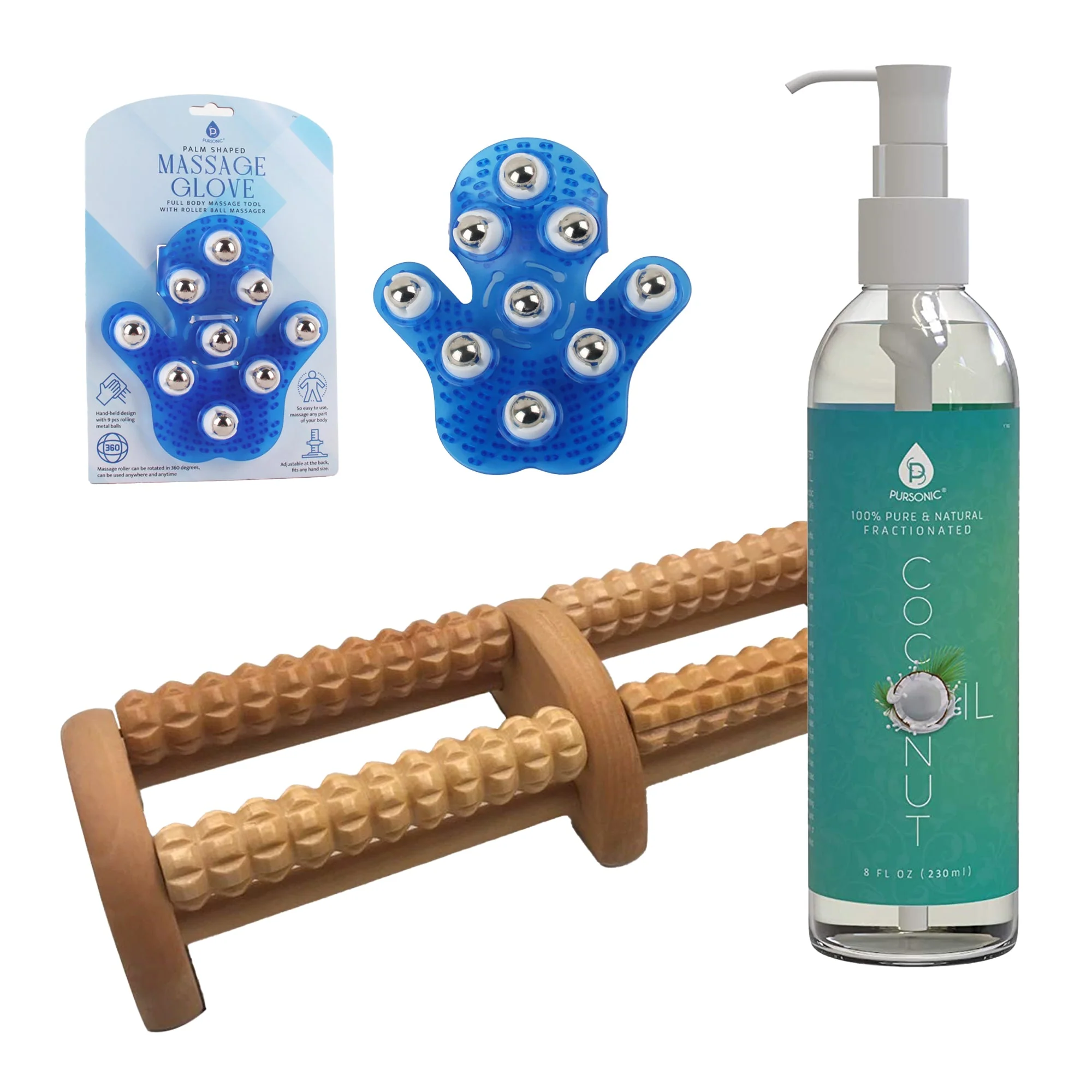 Functional Pursonic Relaxation Gift Bundle Palm Shaped Massage Glove Wooden Foot Massager and Fractionated Coconut Oil Long-Lasting