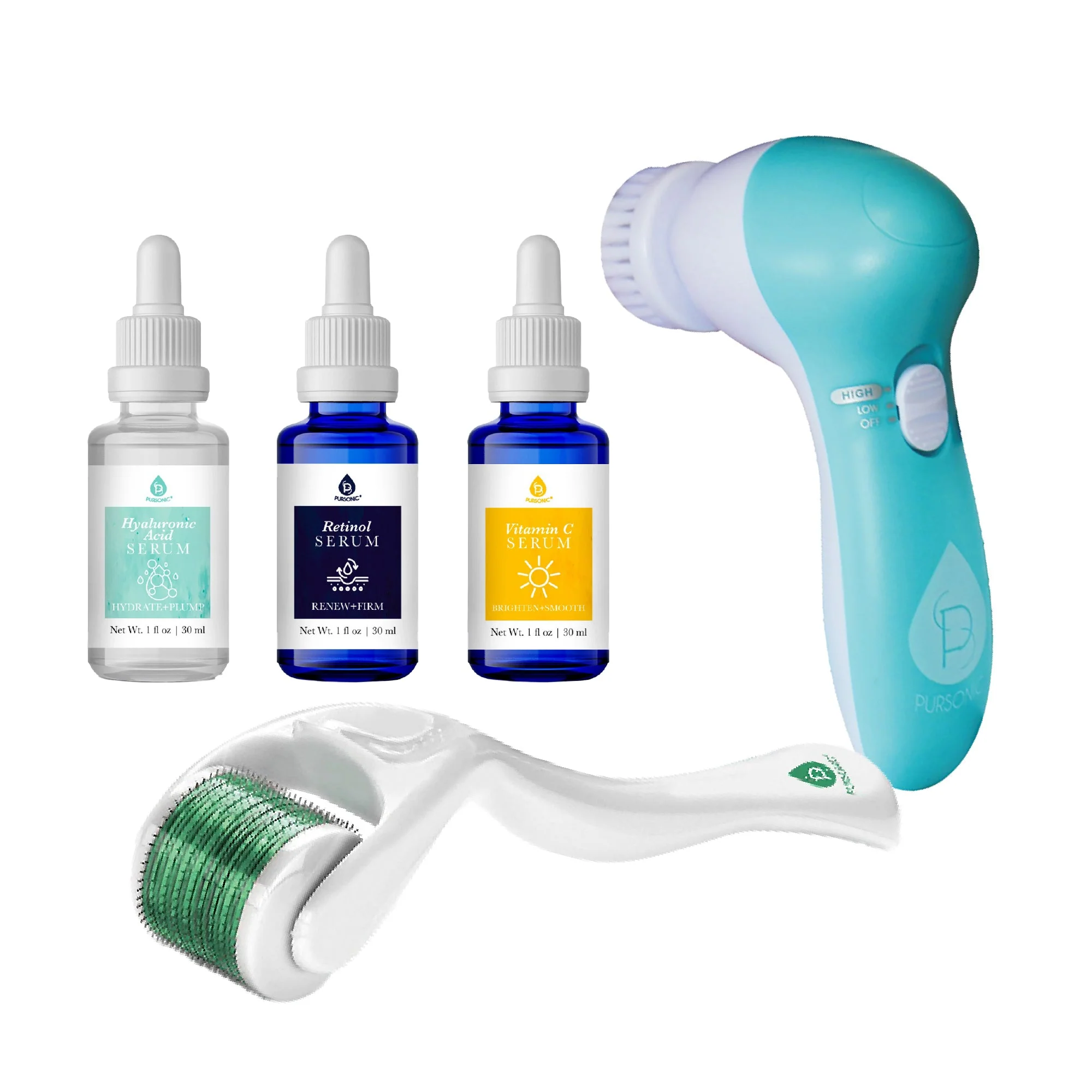 Unique Advanced Facial Cleansing Brush Anti-Aging Serum Set and Micro Needle Derma Roller Bundle Superior