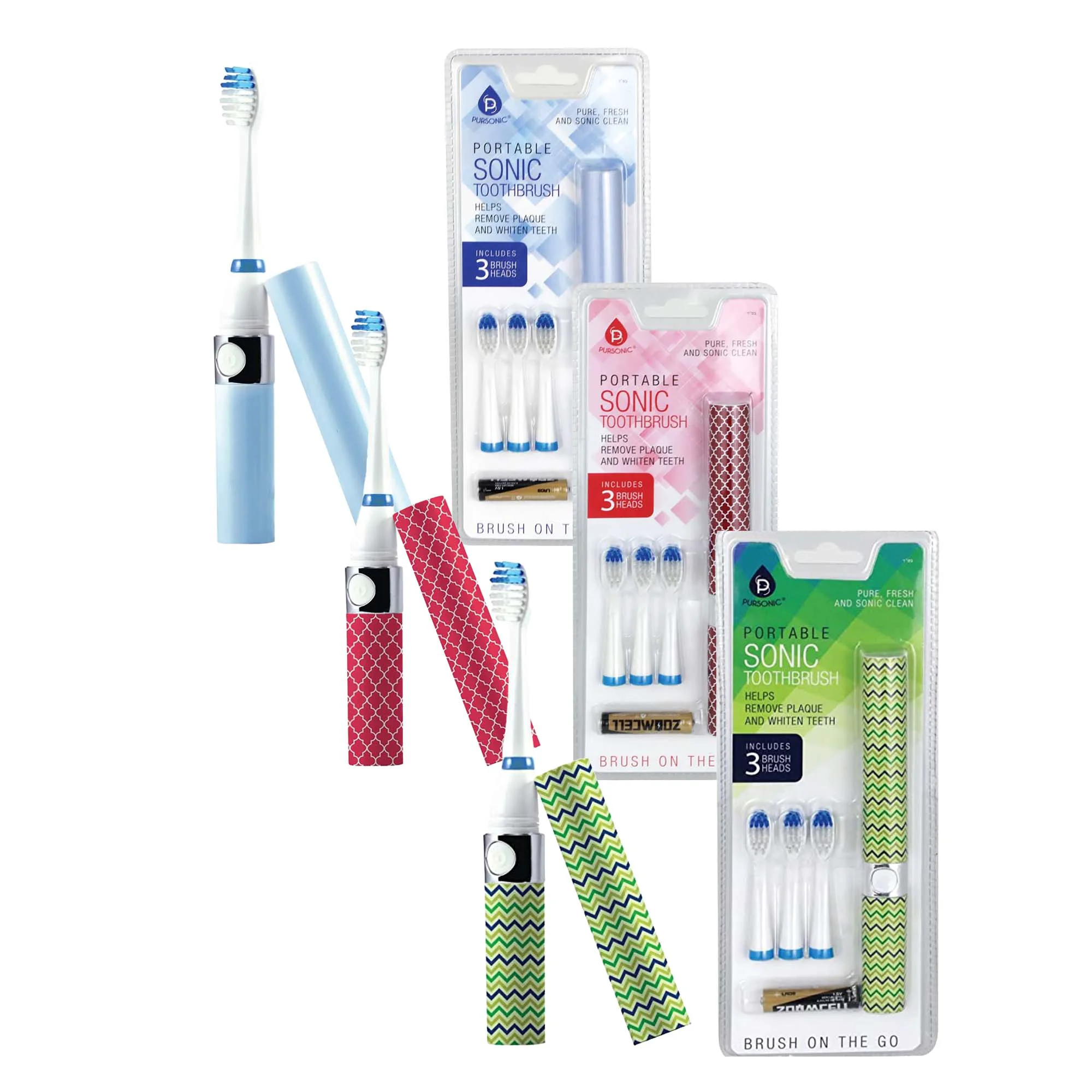 Quality Family Bundle Pursonic Portable Electric Toothbrush 3-Pack Blue Green Pink Smooth
