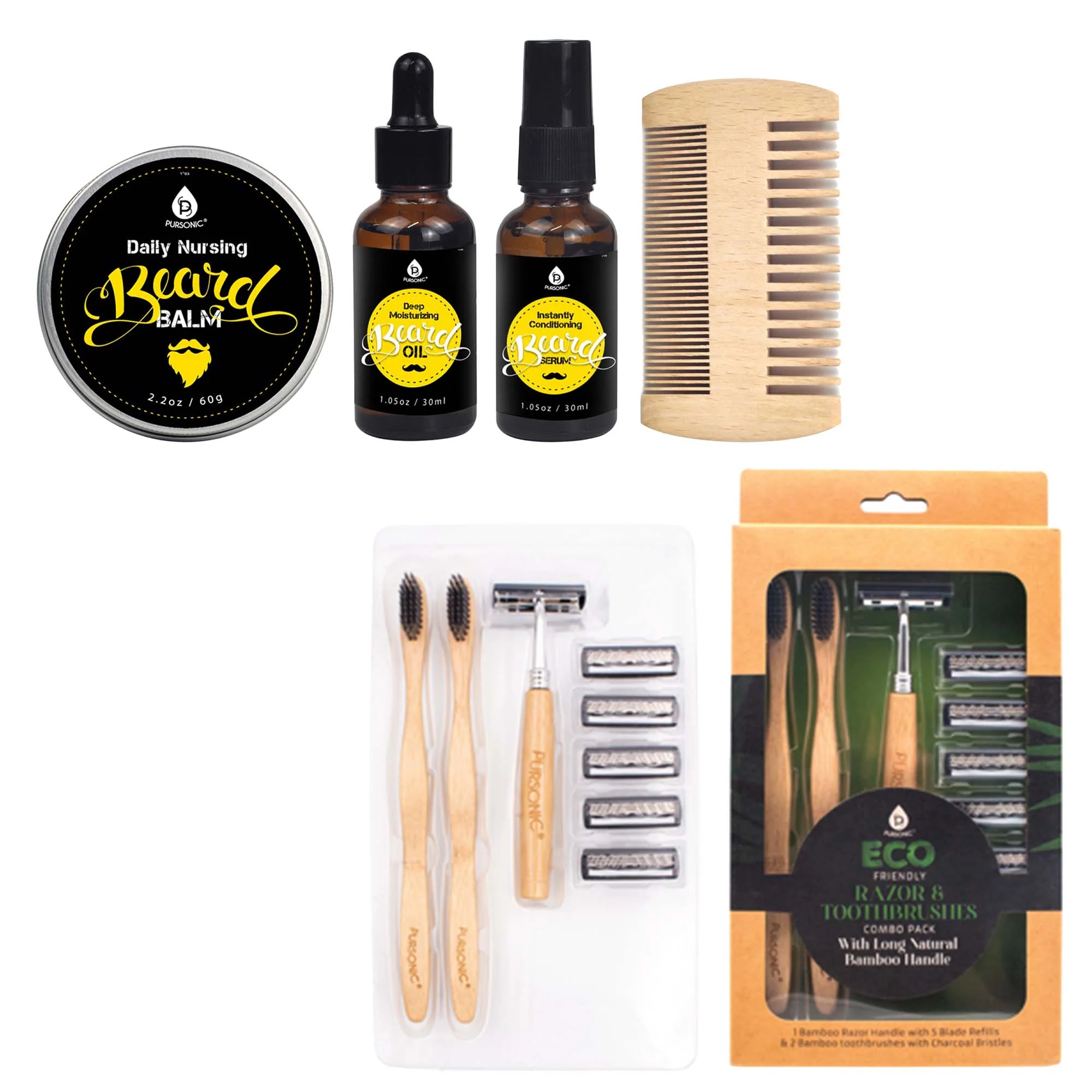 Traditional Pursonic Beard Care Grooming Kit Eco Friendly Razor Toothbrushes Combo Pack Effective