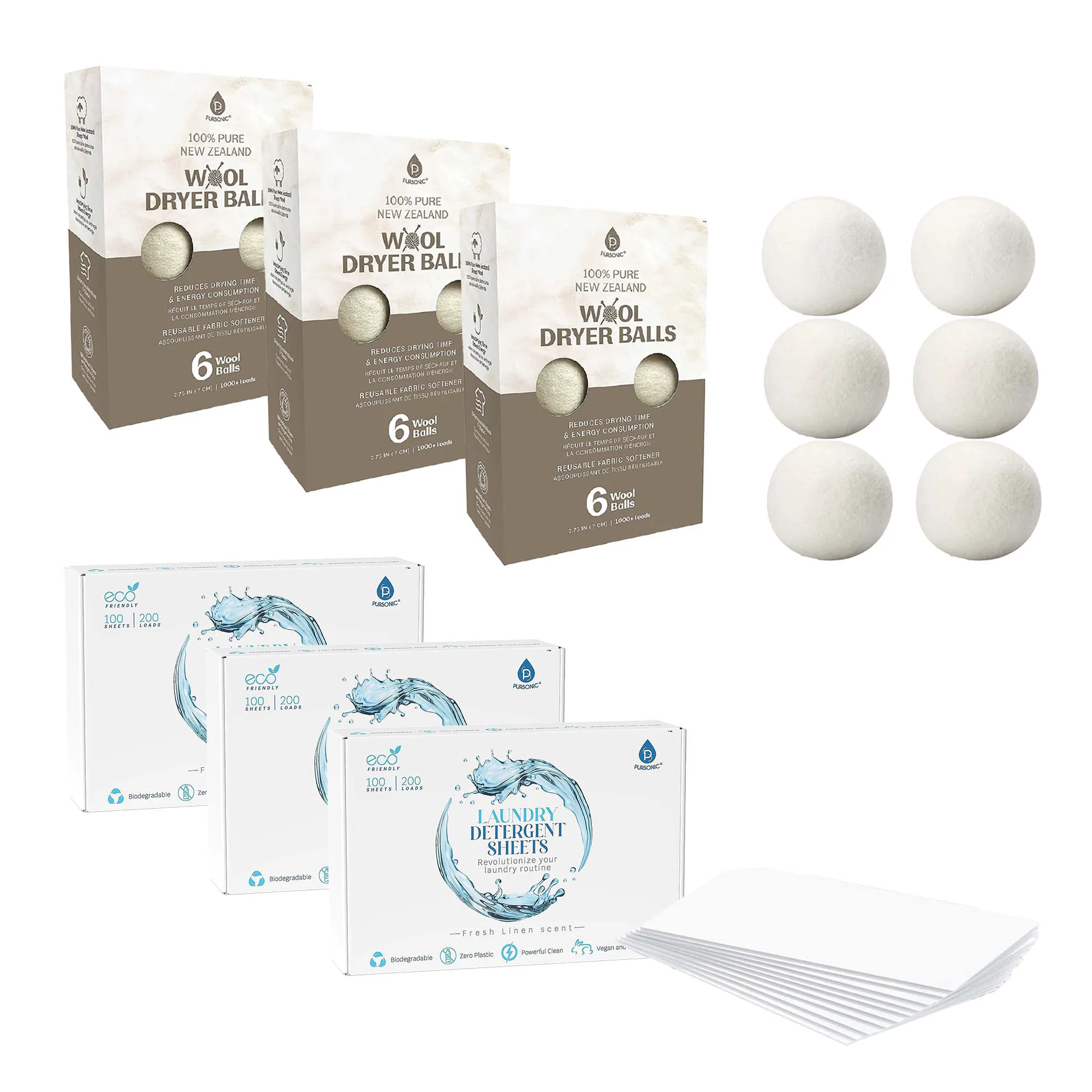 Excellent Pursonic Eco-Friendly Laundry Bundle – 3 Packs of Natural Detergent Sheets 3 Packs of New Zealand Wool Dryer Balls Fine