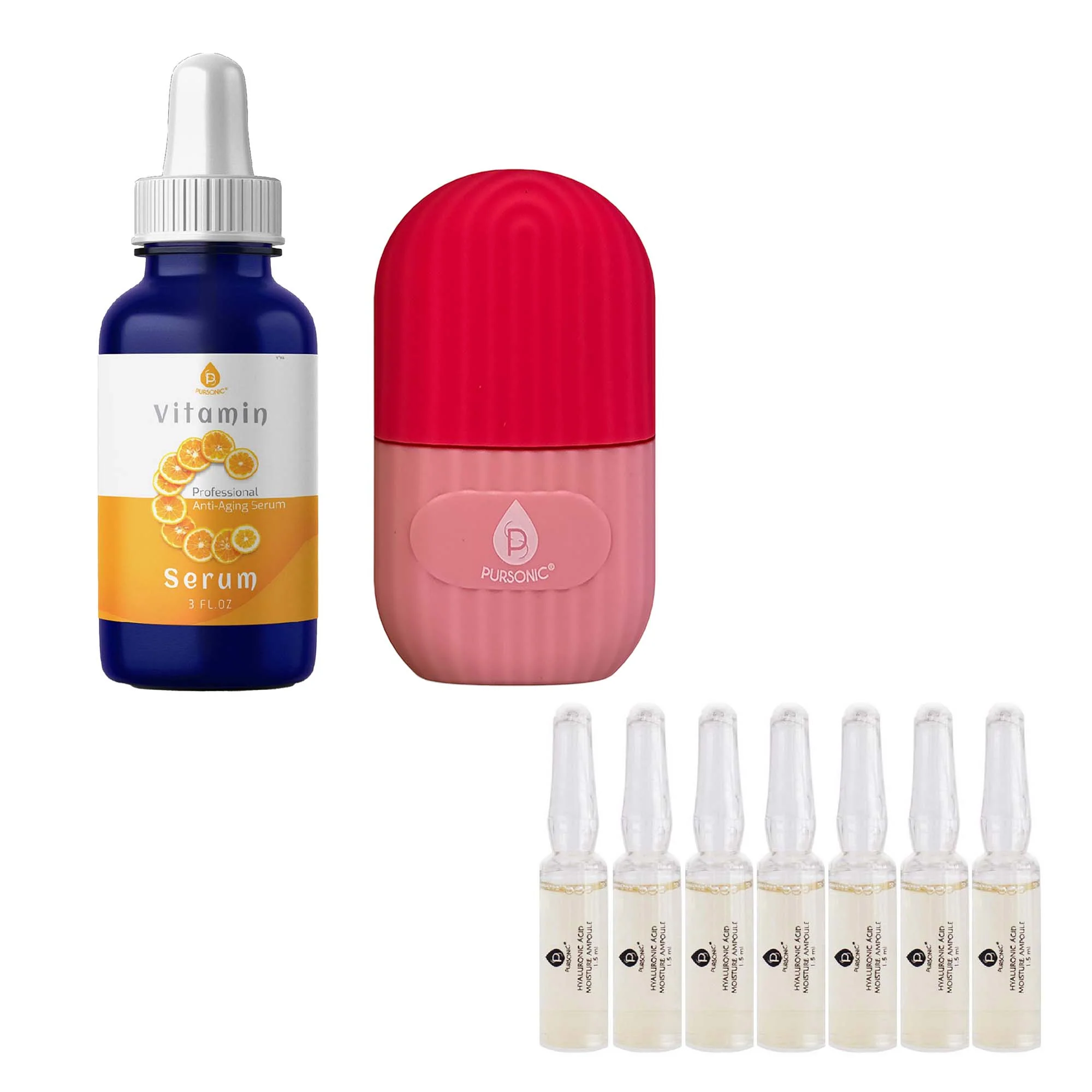 User-Friendly Pursonic Radiant Glow Refresh Skincare Bundle Ice Cube Facial Roller Massager Vitamin C Serum Hyaluronic Acid Ampoule Set Professional