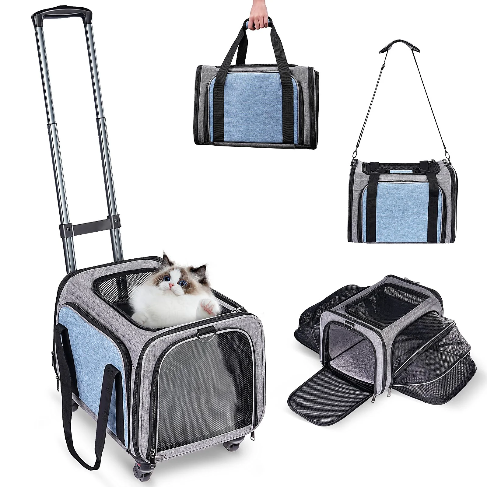 Exceptional BNISE Pet Carrier with Wheels for Cats Small Dogs Airline- Expandable Rolling Carrier Durable