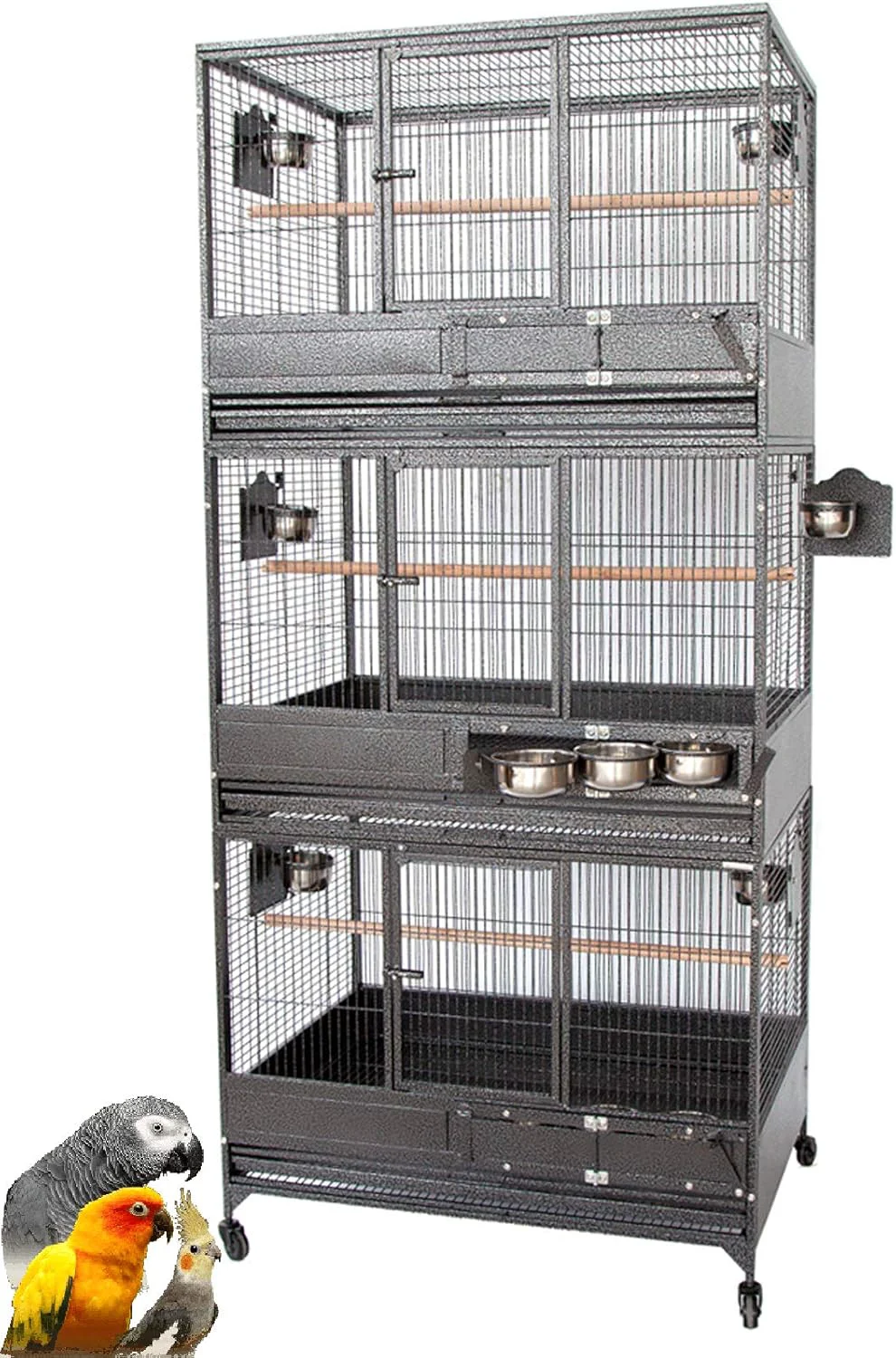Excellent Extra Large Stackers Heavy Duty Wrought Iron Breeder Parrot Aviary Bird Breeding Rolling Cage with Side Nest Doors Black Vein Triple Stacker Detailed
