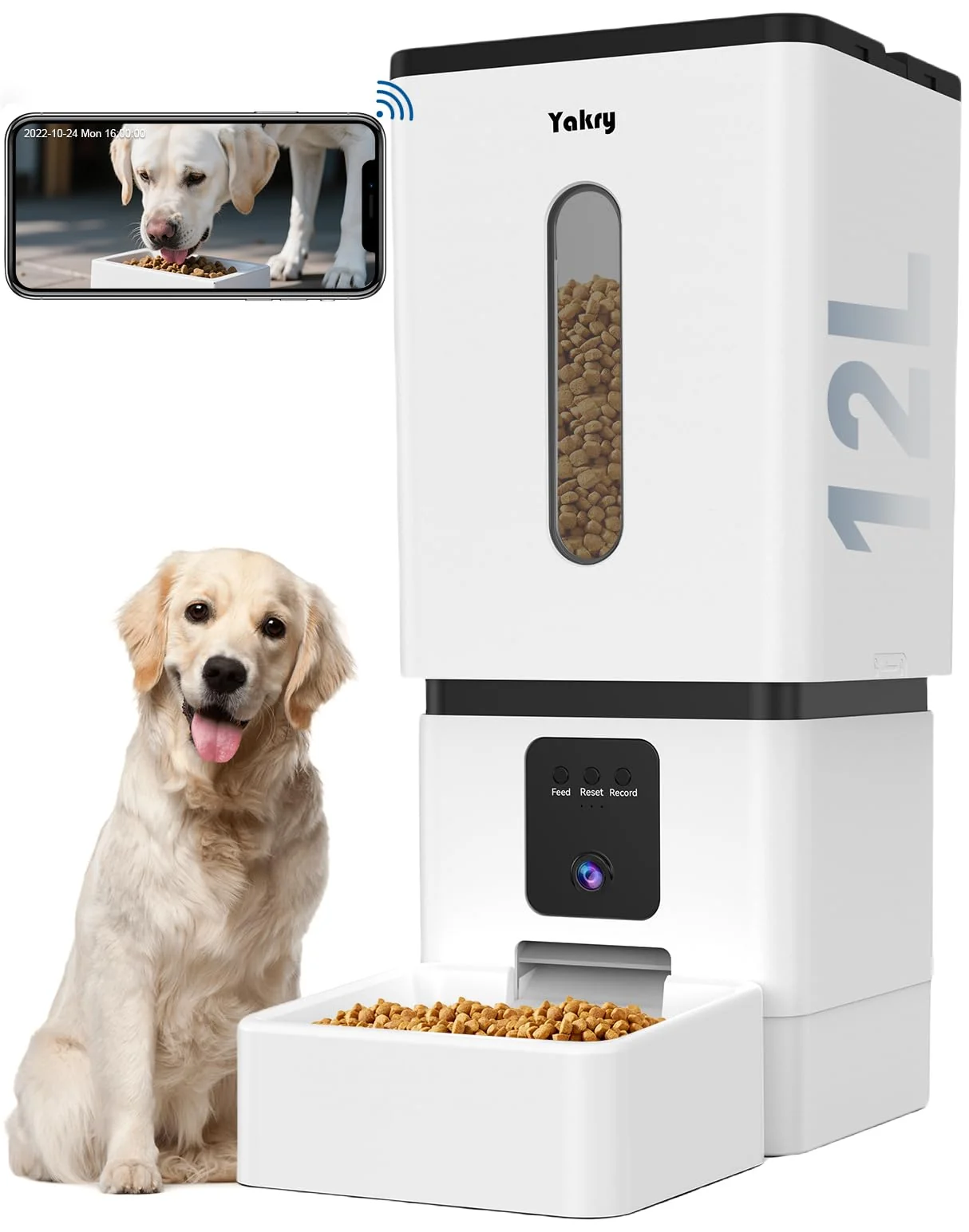 Breathable Yakry Automatic Dog Feeder Large Breed with Camera — 12L 50 Cups 2.4GHz 5GHz WiFi HD 1080P Night Vision Easy-to-Use