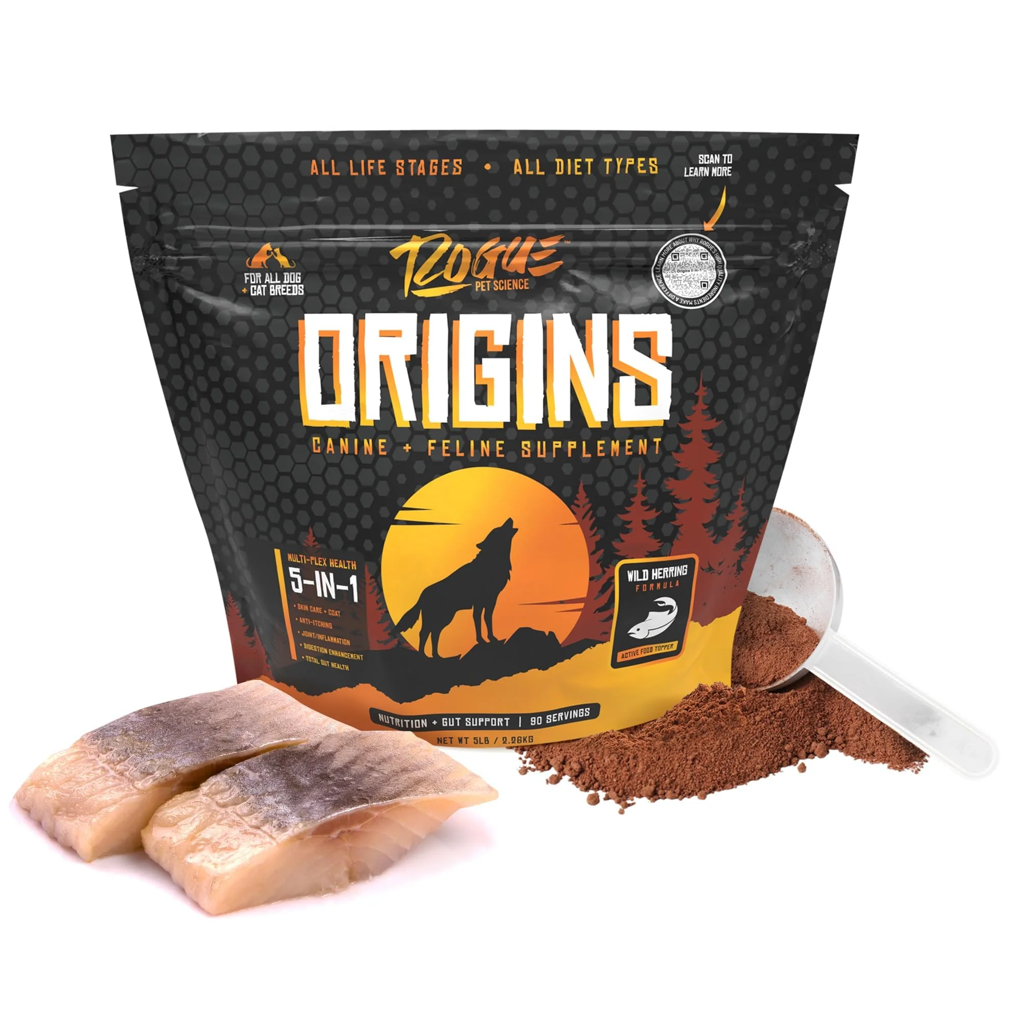 Smooth Origins 5-in-1 Dog Supplement - Powder Topper with Natural Omega-3 Fish Oil 5 lbs Rogue Pet Science High-Performance