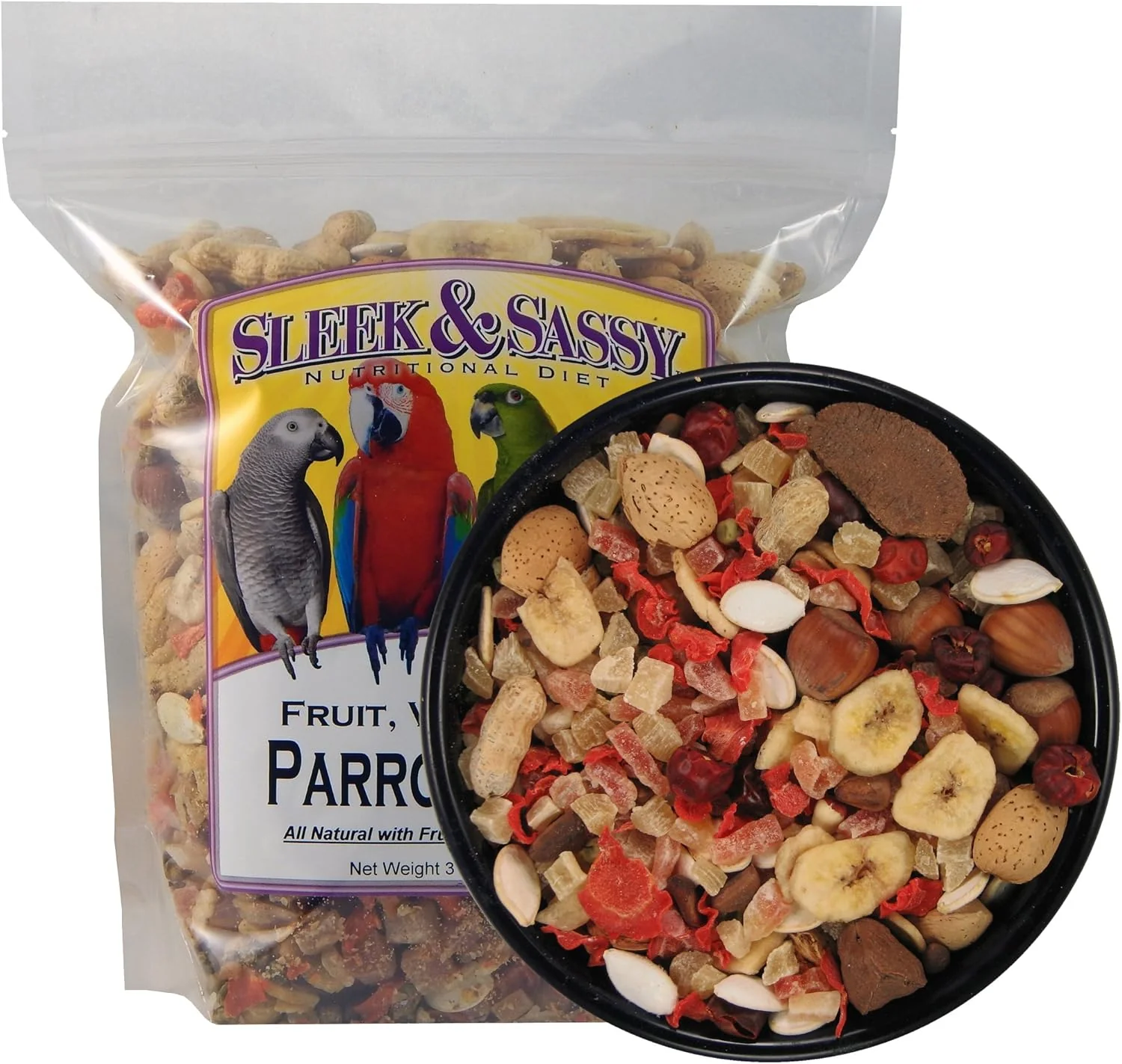Proven SLEEK SASSY Fruit Veggie Nut Parrot Treat for Large Conures Amazons African Greys Cockatoos Pionus-Parrots Macaws 3 lbs. Secure