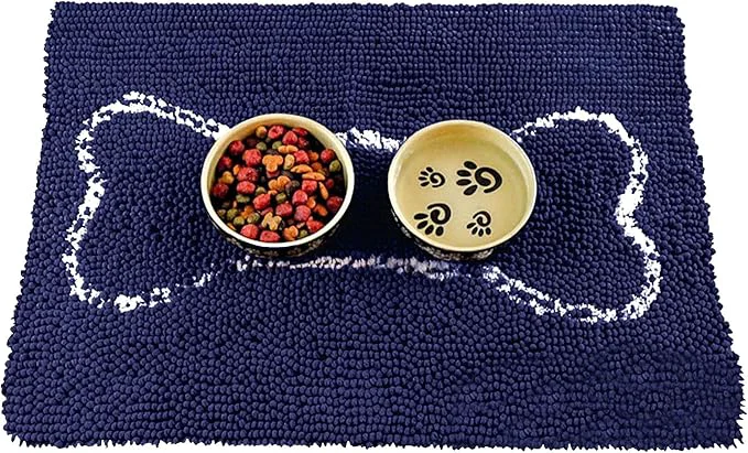 Stylish Soggy Doggy Slopmat Dog Food Mat – Absorbent Microfiber Chenille Pet Feeding Mat for Food Water Bowls Muddy Paws Small Doormat Non-Slip Machine Washable Rug – Navy Blue Oatmeal Bone 18 x 24 About ThisOverview Premium Material