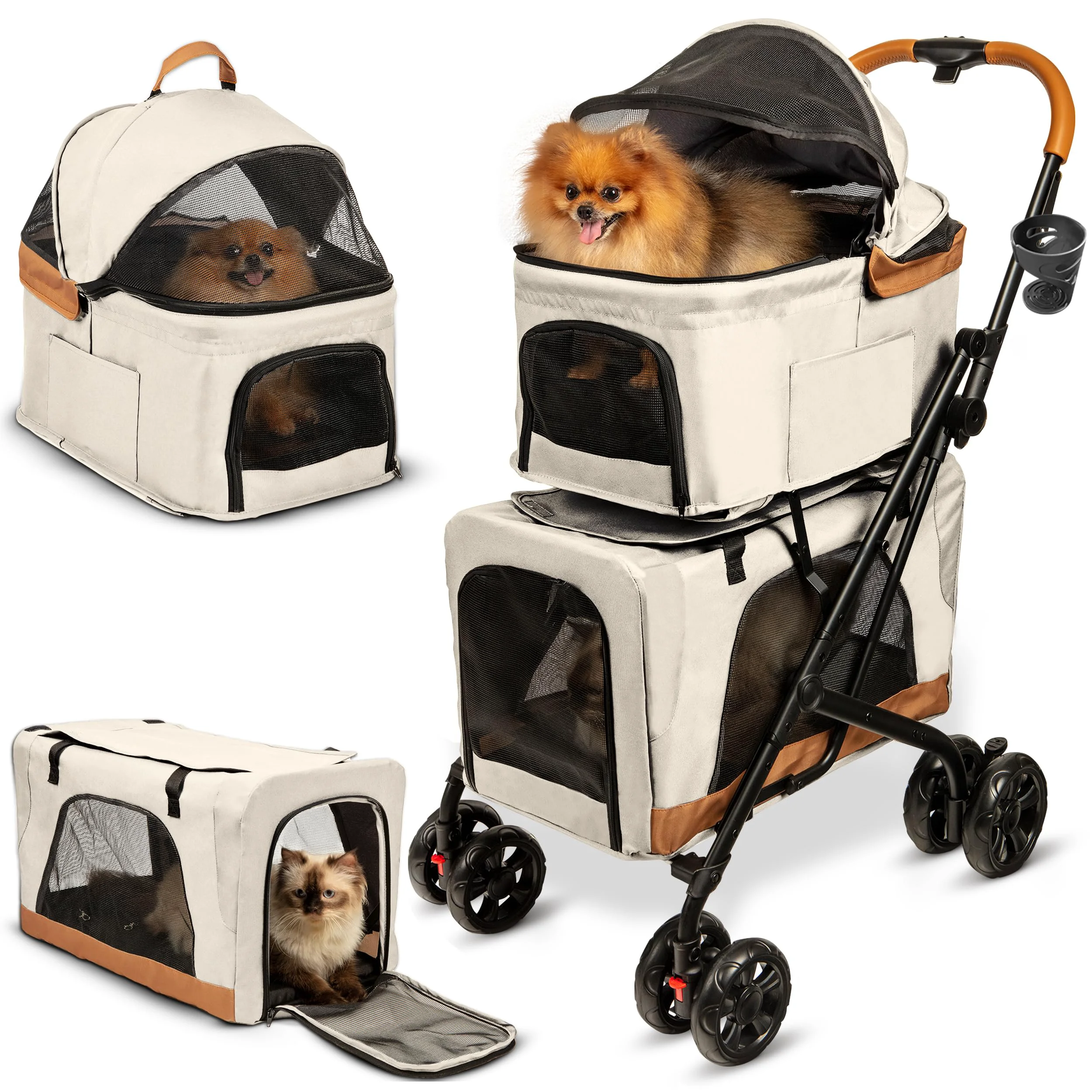 Convenient PAWLALA Double Pet Stroller with Detachable Carriers – 2 Pets – Cosmic Beige Advanced