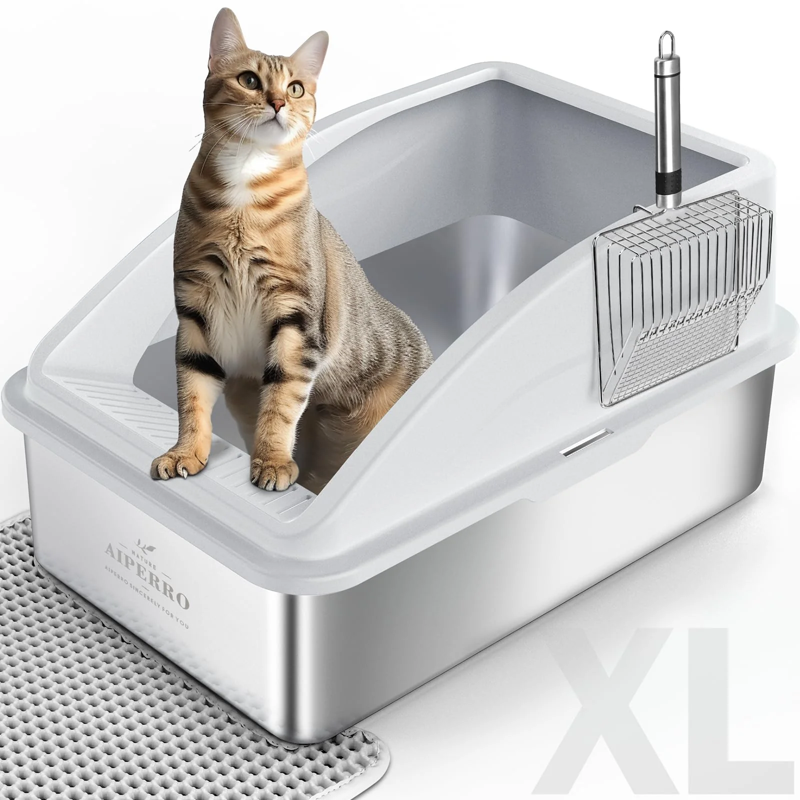 Casual AIPERRO Stainless Steel Litter Box XL Enclosed Anti-Leak High Sides Mat Scoop Versatile