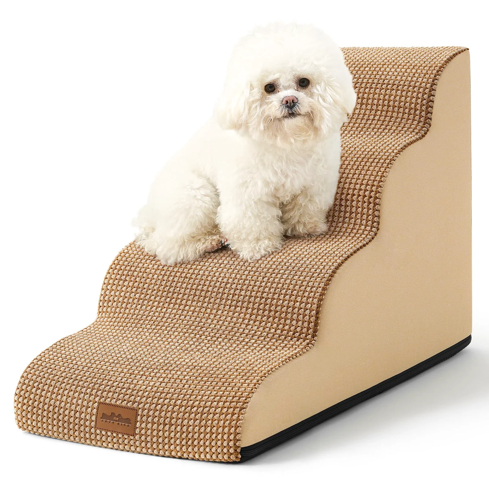 Organic COZY KISS Dog Stairs for Small Dogs — 4-Step Curved Ramp 15.7x28.3x19.7 in Light Brown Eco-Friendly