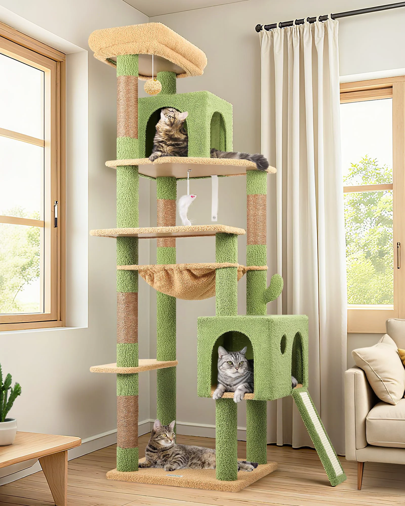 Practical Globlazer Large Cactus Cat Tree Tower – 70in Tall Green Heavy-Duty Indoor Cat Furniture Versatile