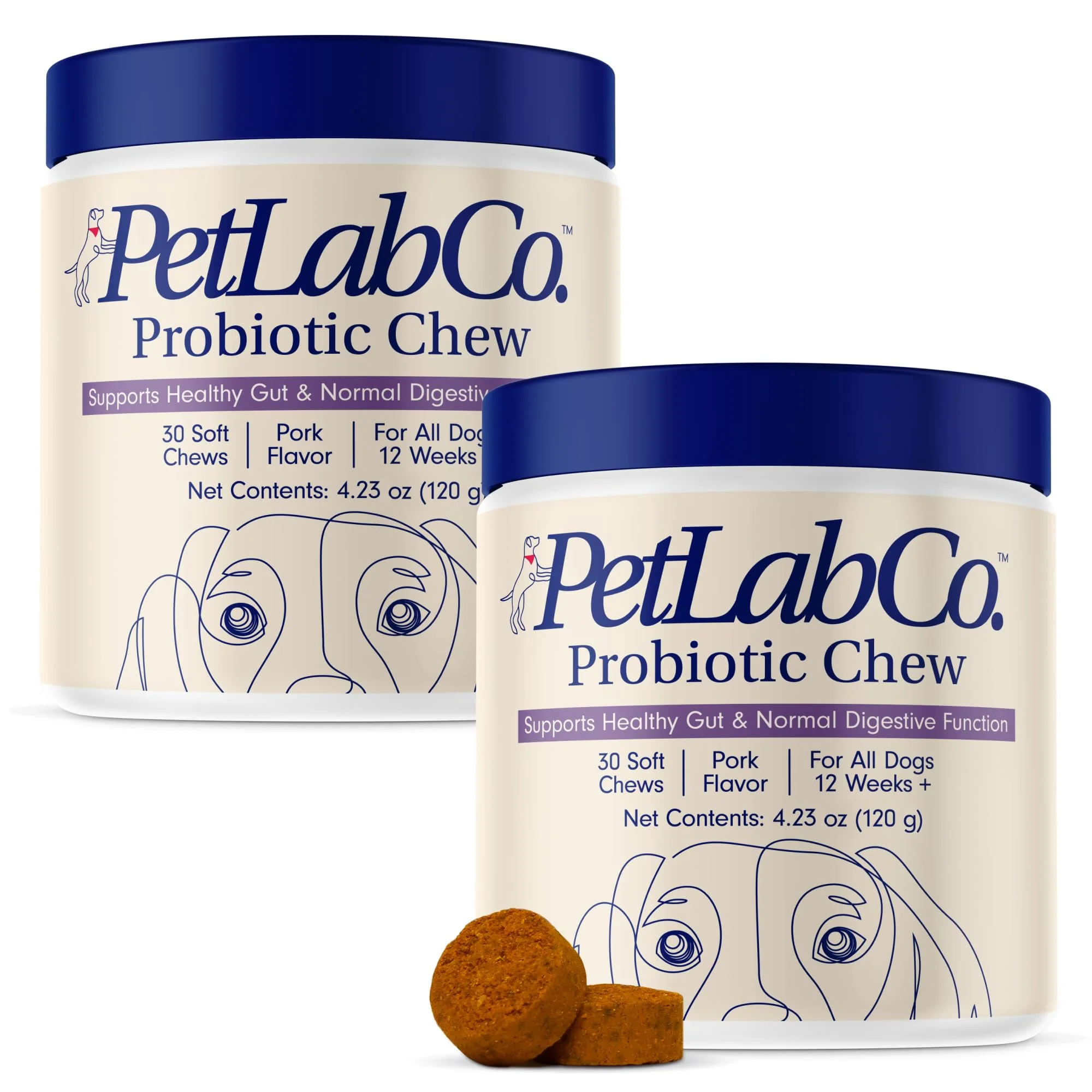 Classic PetLab Co. Probiotics for Dogs - Gut Health Seasonal Allergies - Pork Flavor 30 Soft Chews - 2-Pack Carefully Designed