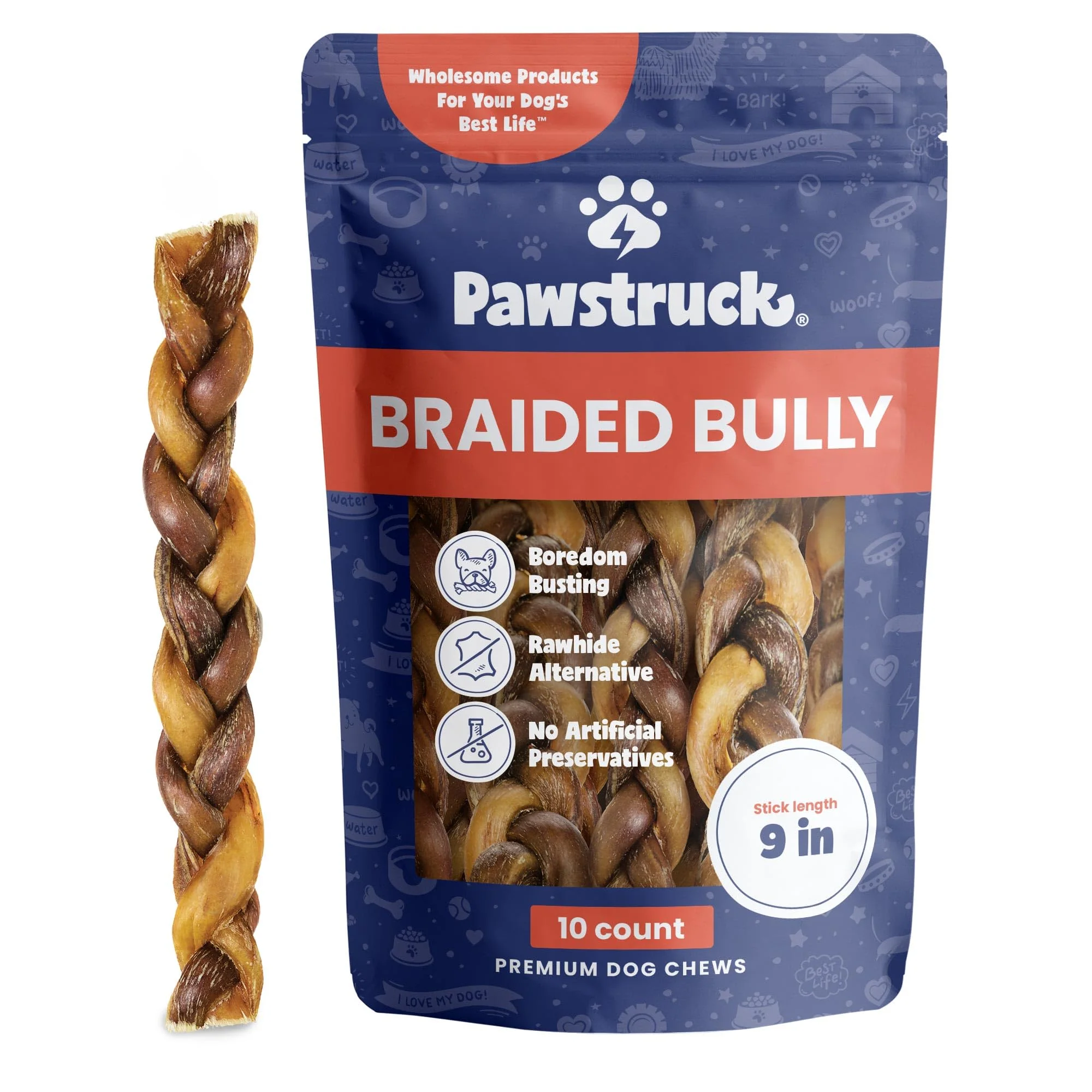 Easy-to-Use Pawstruck Natural 9-Inch Braided Bully Sticks for Dogs – Rawhide- Low Odor 10 Count Casual
