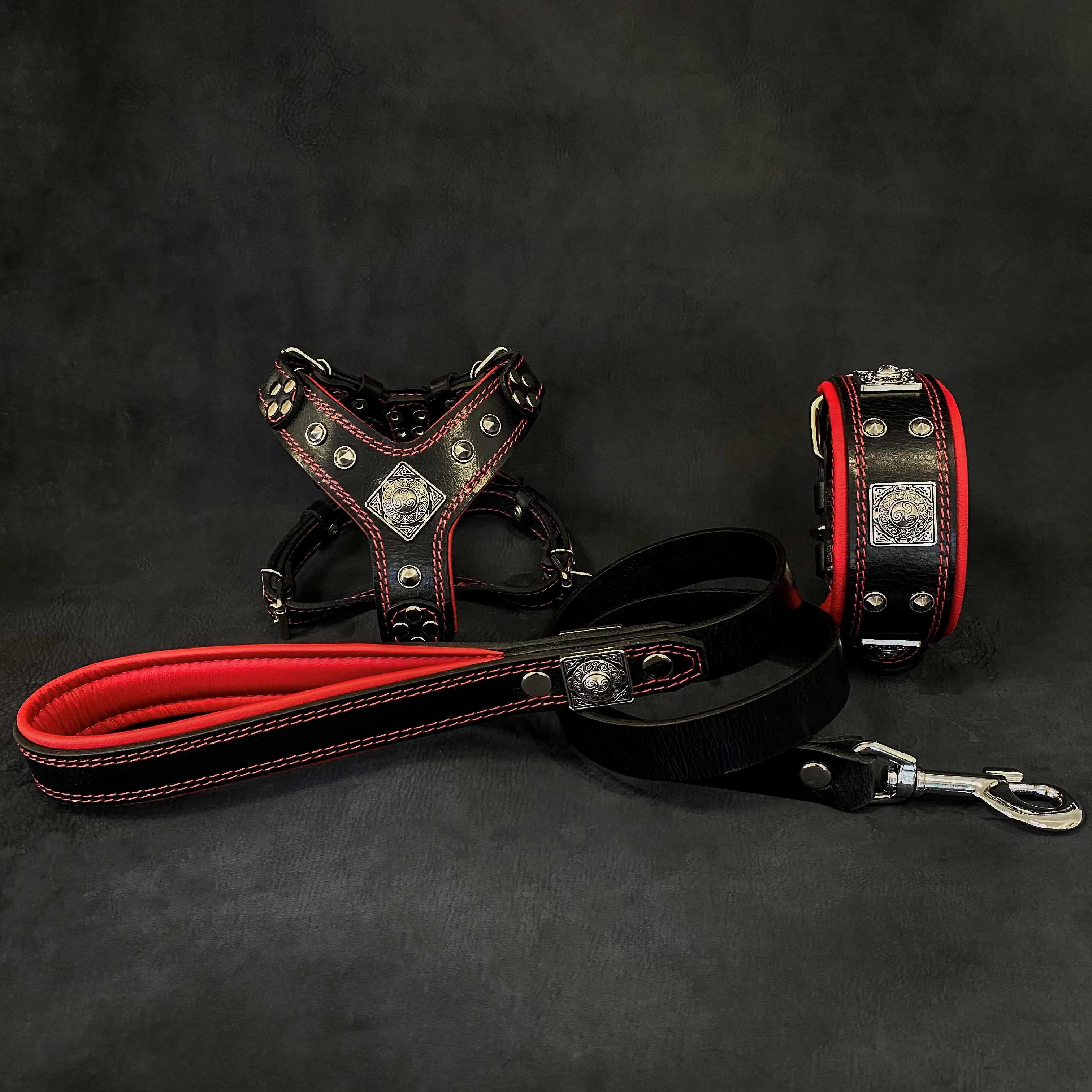 Traditional EROS Small to Medium dog SET - Harness - collar - lead Black Red Excellent