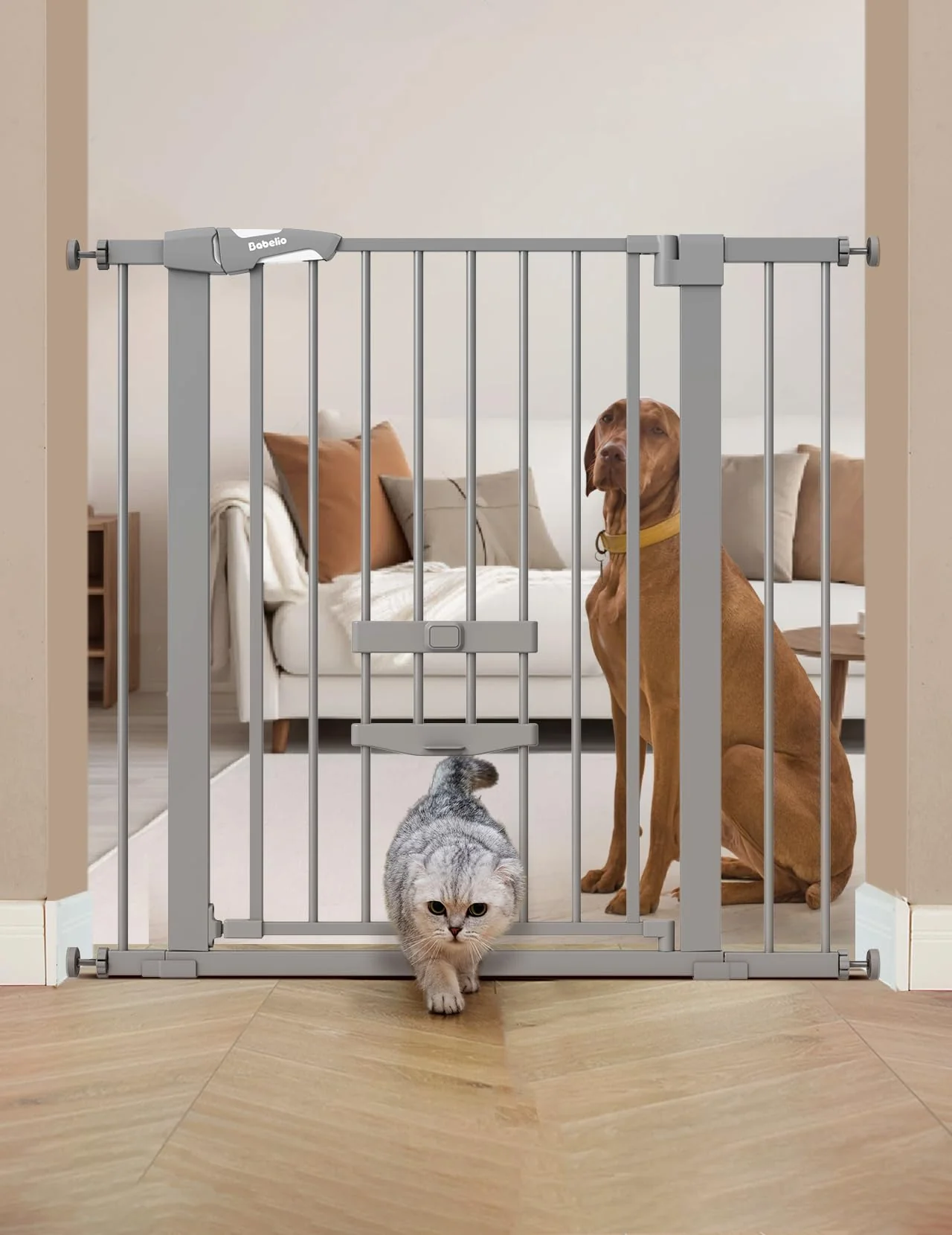 Superior BABELIO 36-Inch Extra Tall Baby Gate with Cat Door – 29-40 Inch Adjustable Auto-Close Gray Fine